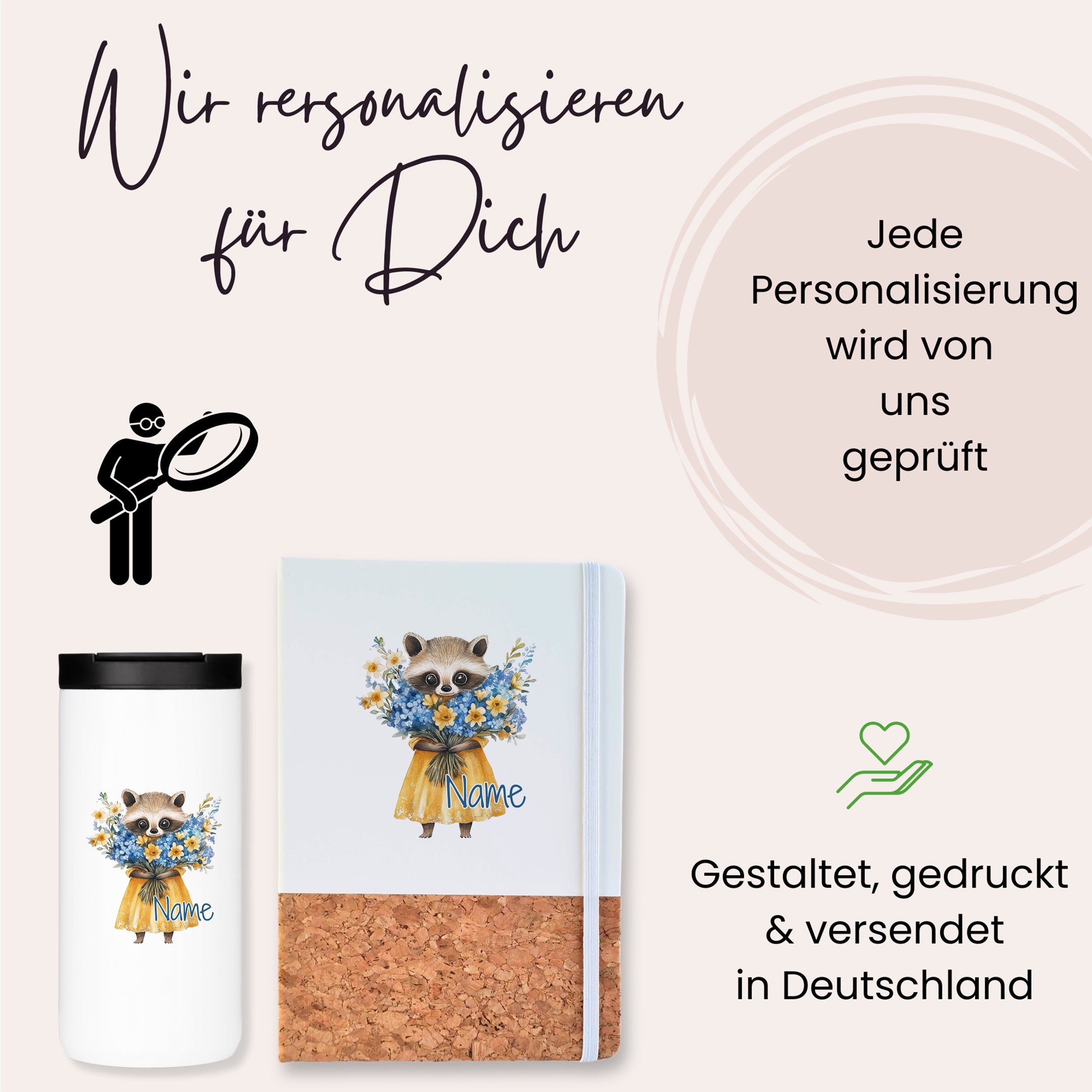 Personalisierte Tasse und Notizbuch mit Waschbär-Design.