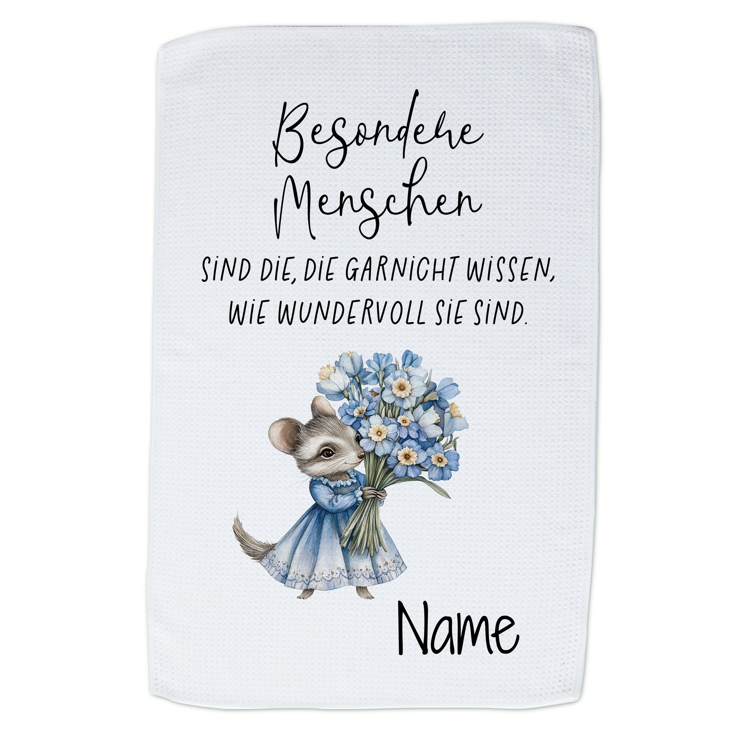 Geschirrtuch mit Maus und Blumen mit Spruch