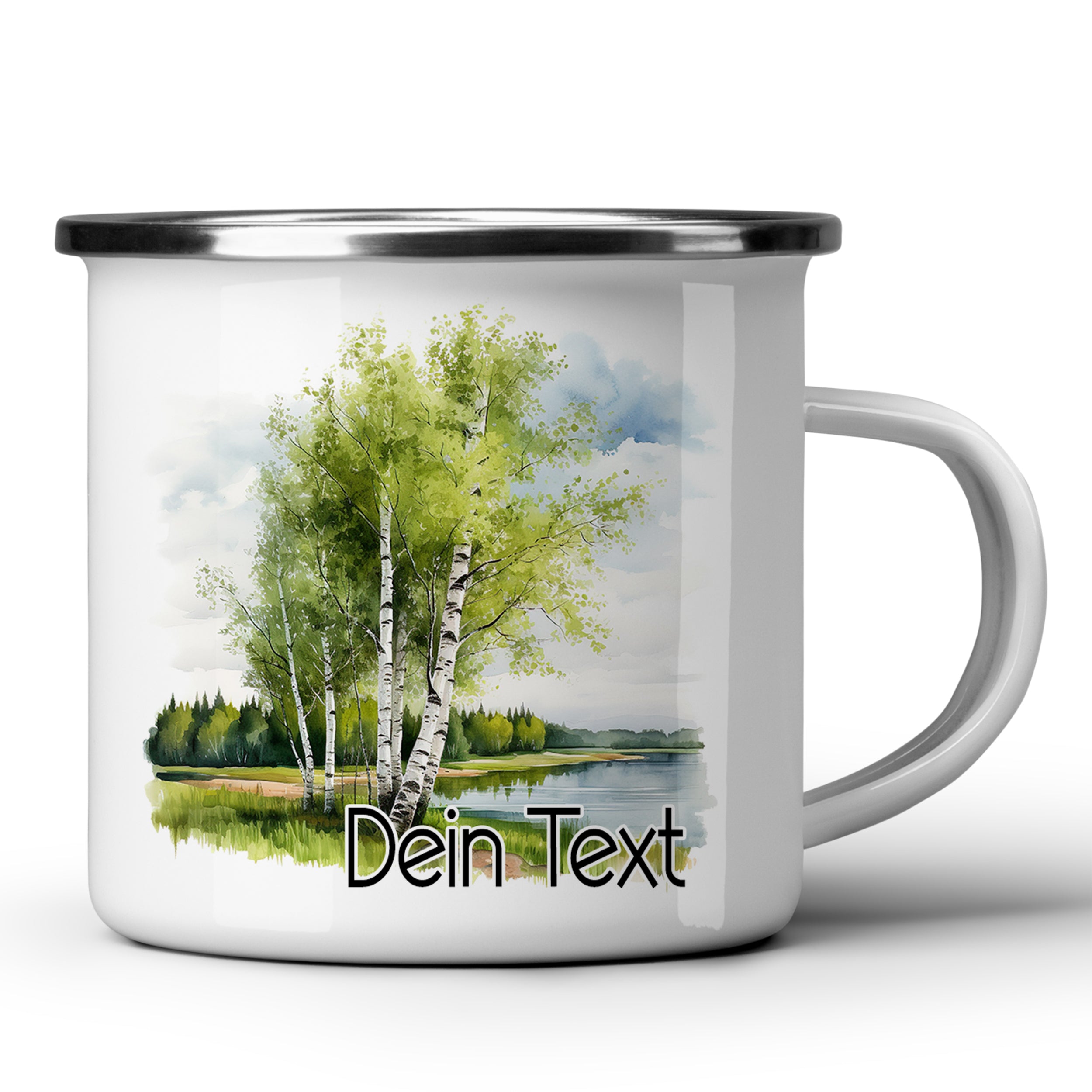 Emaille Becher mit Birkenmotiv