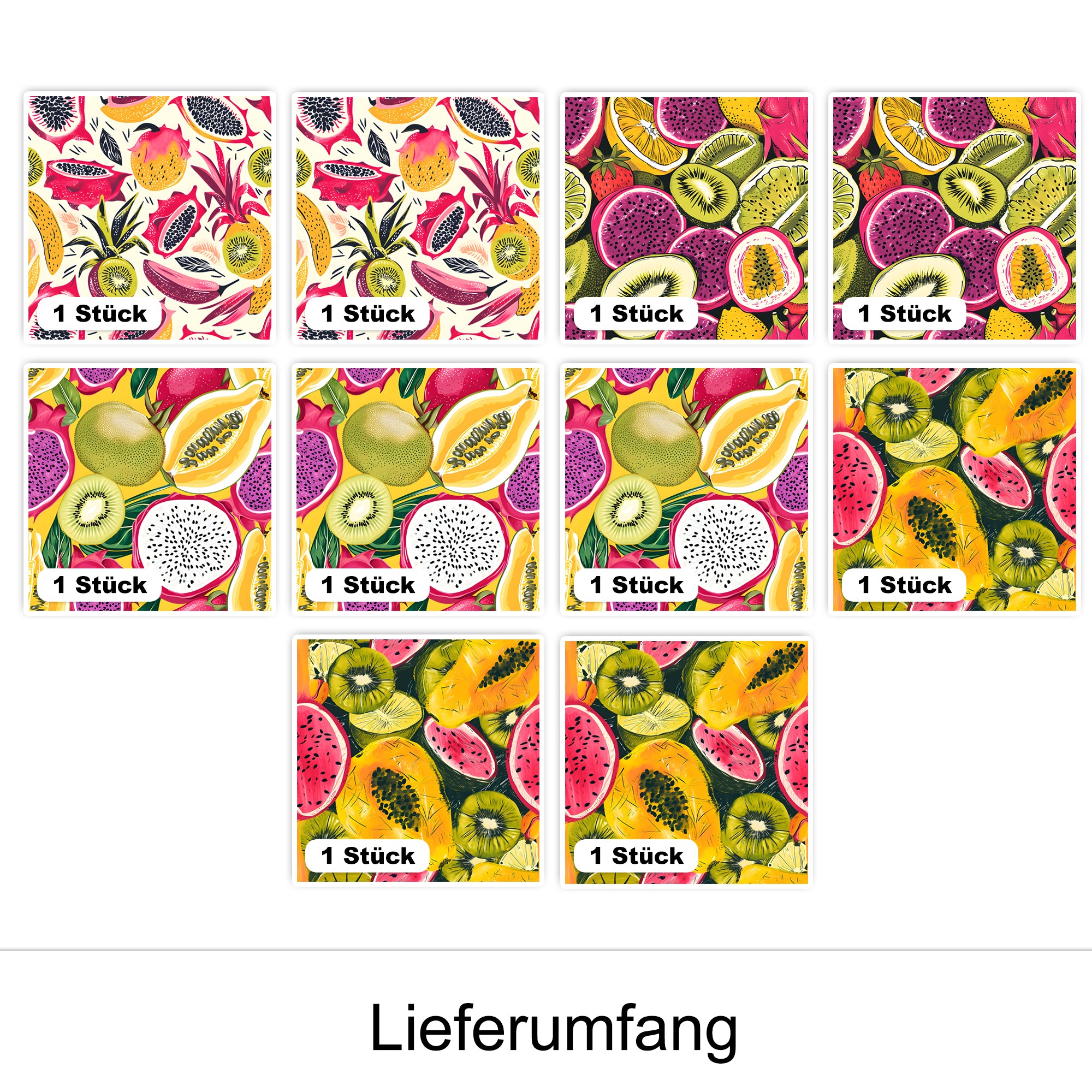 Bunte Fruchtmuster mit Drachenfrucht, Kiwi und Papaya.