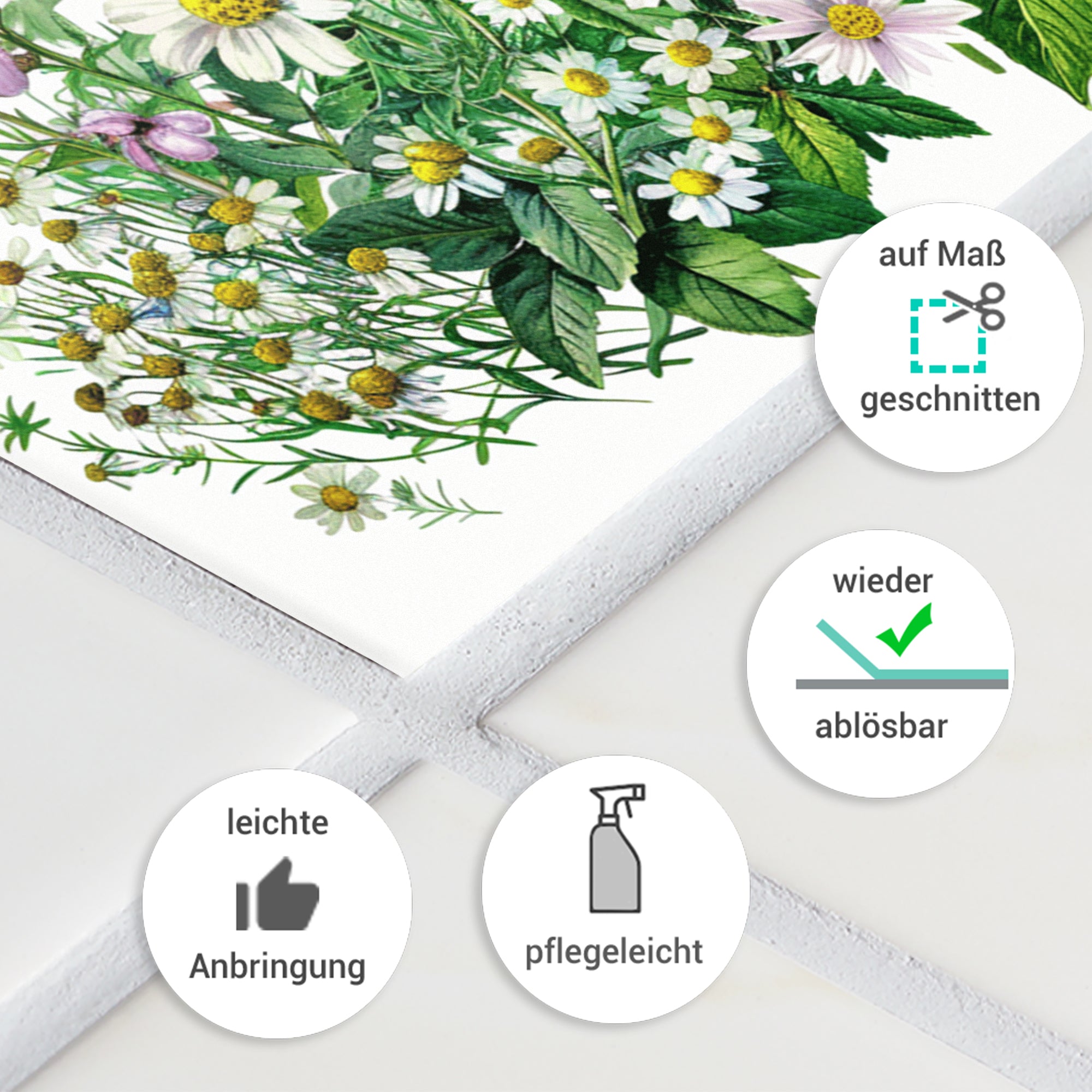 Blumenmotiv auf Maß geschnitten, wieder ablösbar, pflegeleicht.