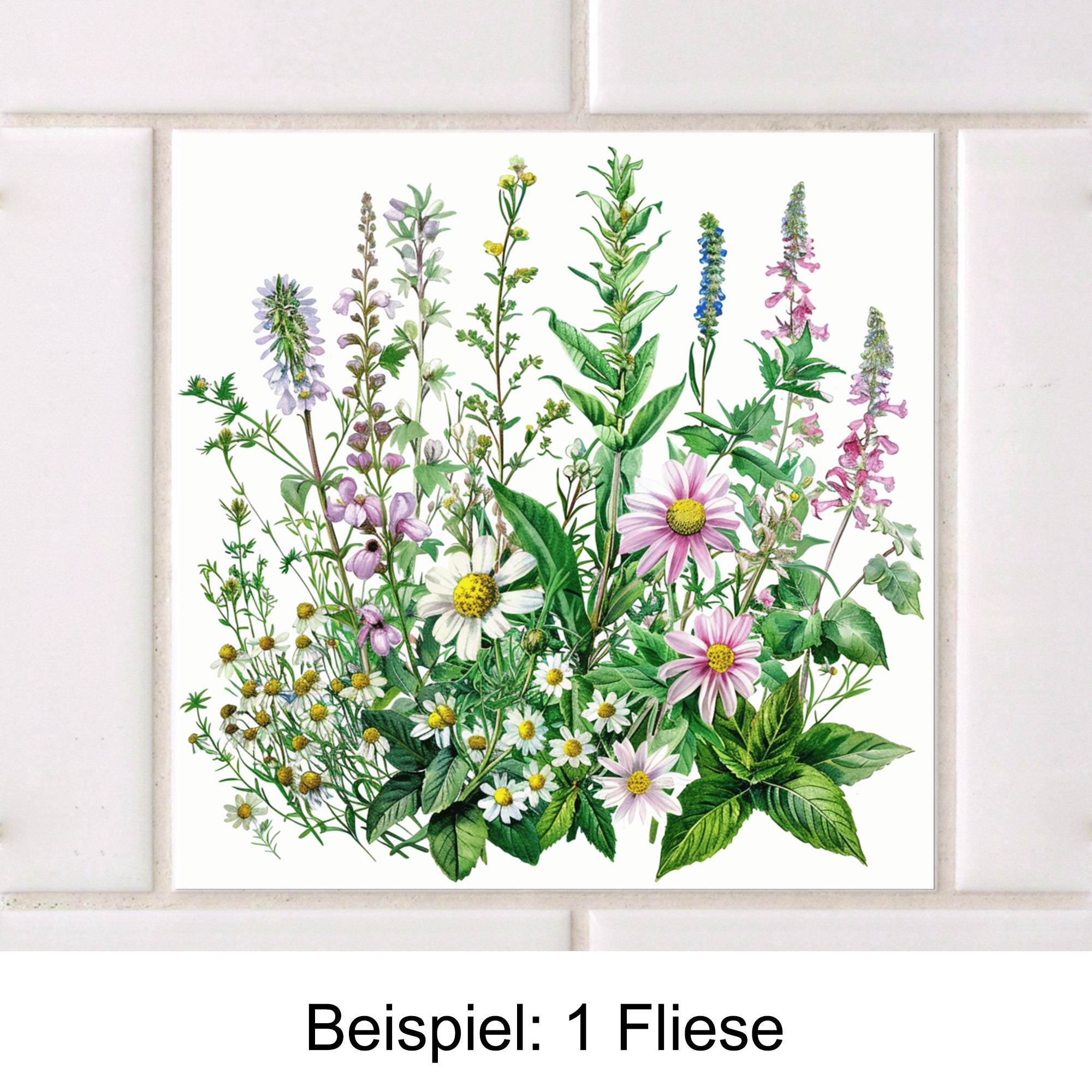 Bunte Fliese mit verschiedenen Blumen und grünen Pflanzen.