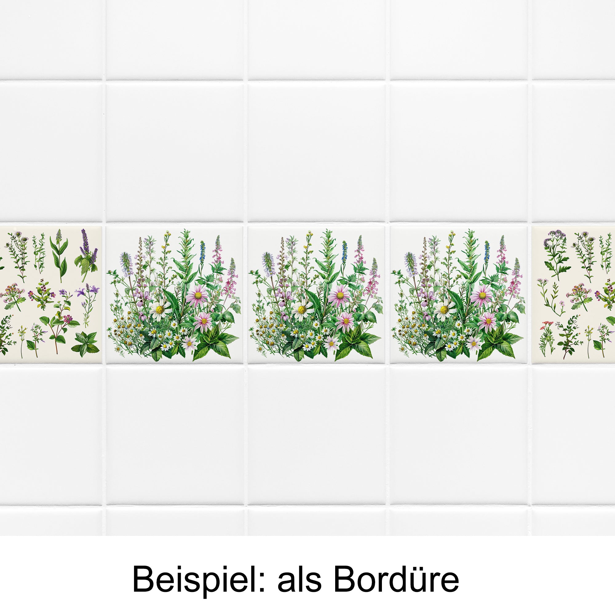 Bunte Blumenbordüre auf weißen Fliesen.