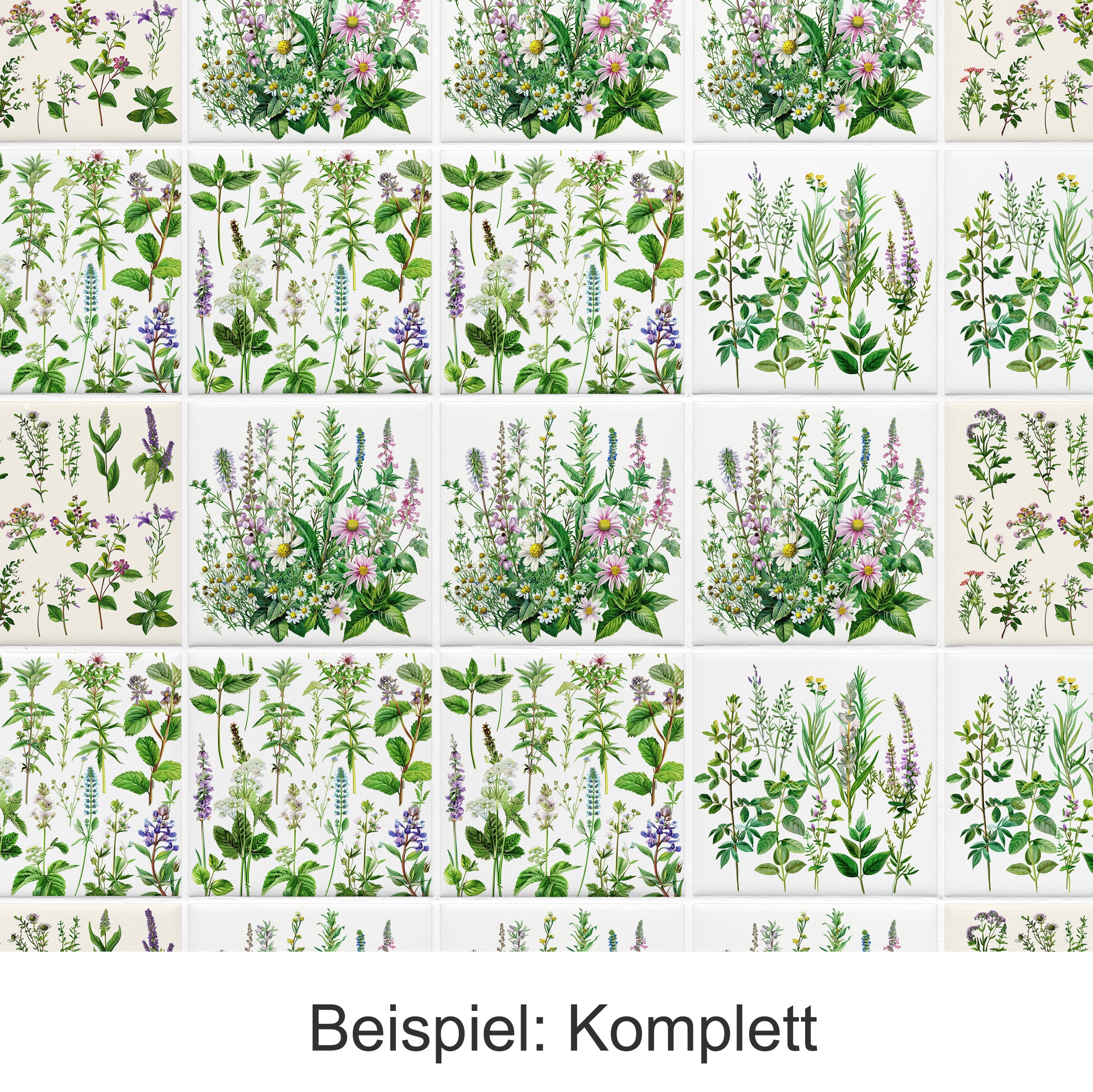 Bunte Blumenmuster auf weißen Fliesen, vielfältige Pflanzen.