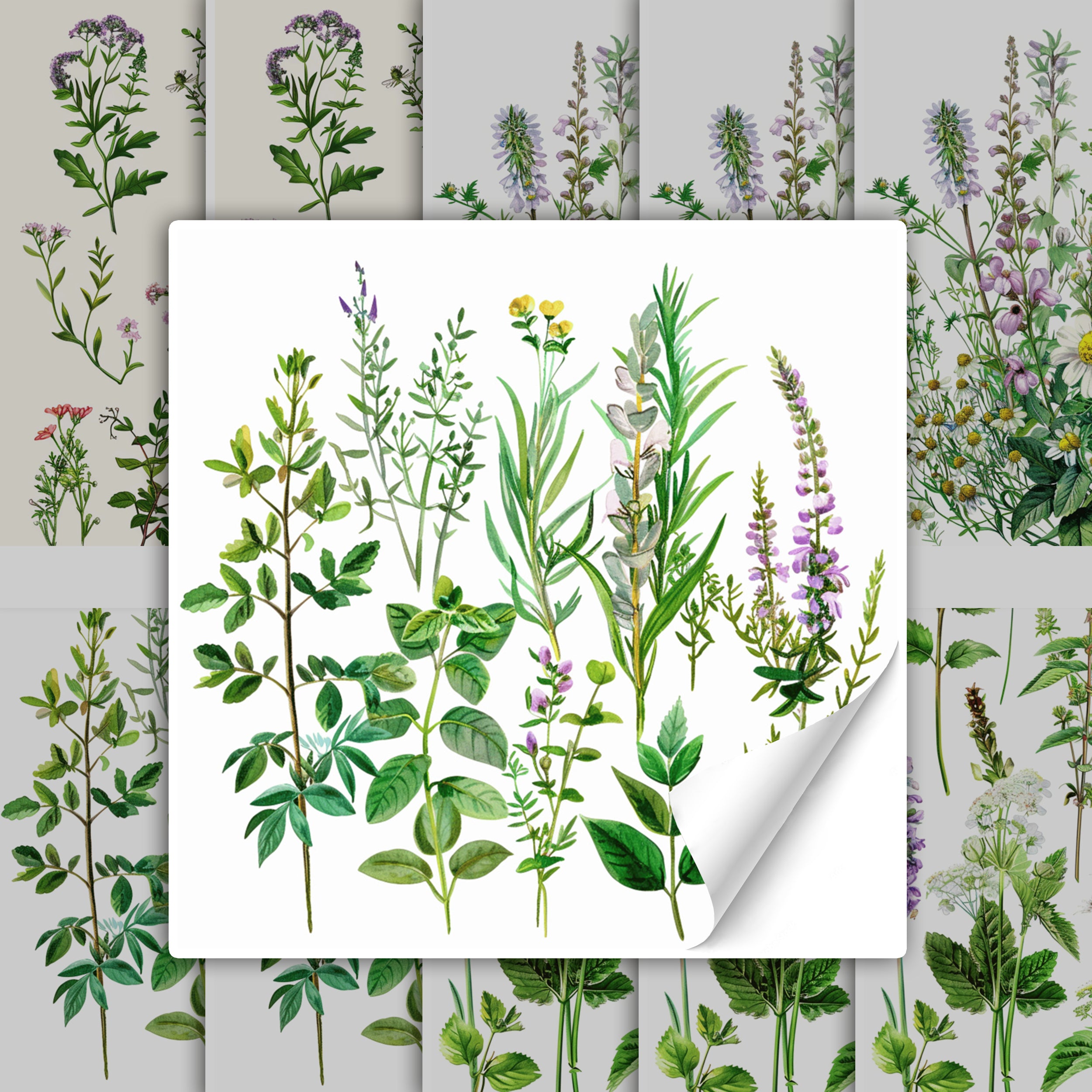 Bunte Kräuterillustration mit verschiedenen grünen Pflanzen.