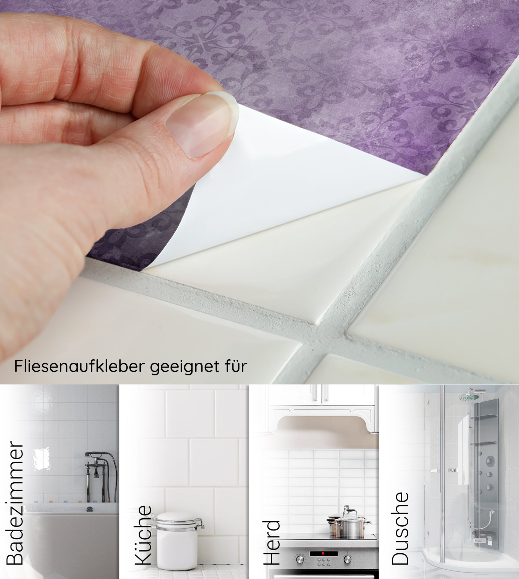 Fliesenaufkleber in lila für Badezimmer, Küche und Dusche.