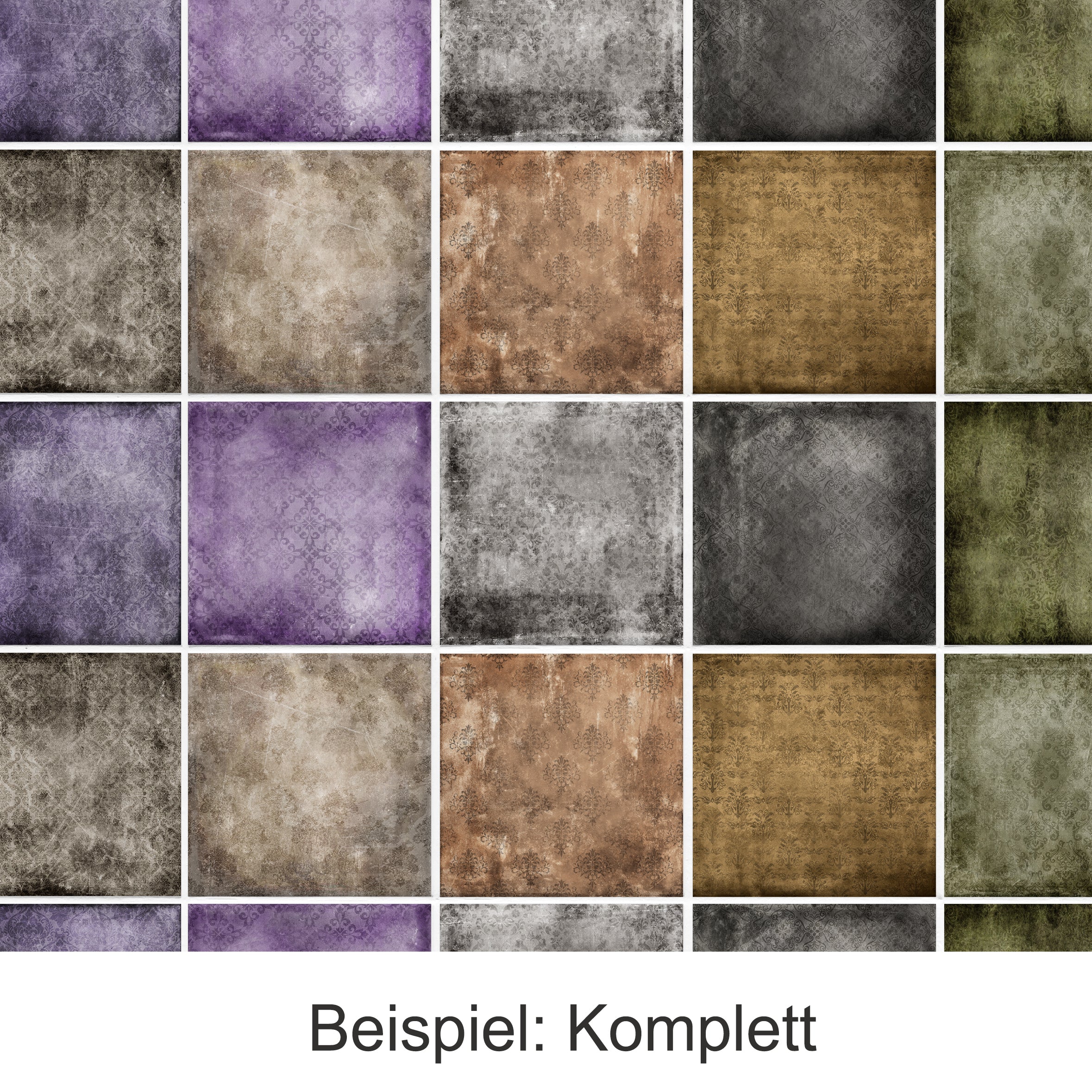 Musterhafte Texturen in Lila, Grau, Braun und Grün.