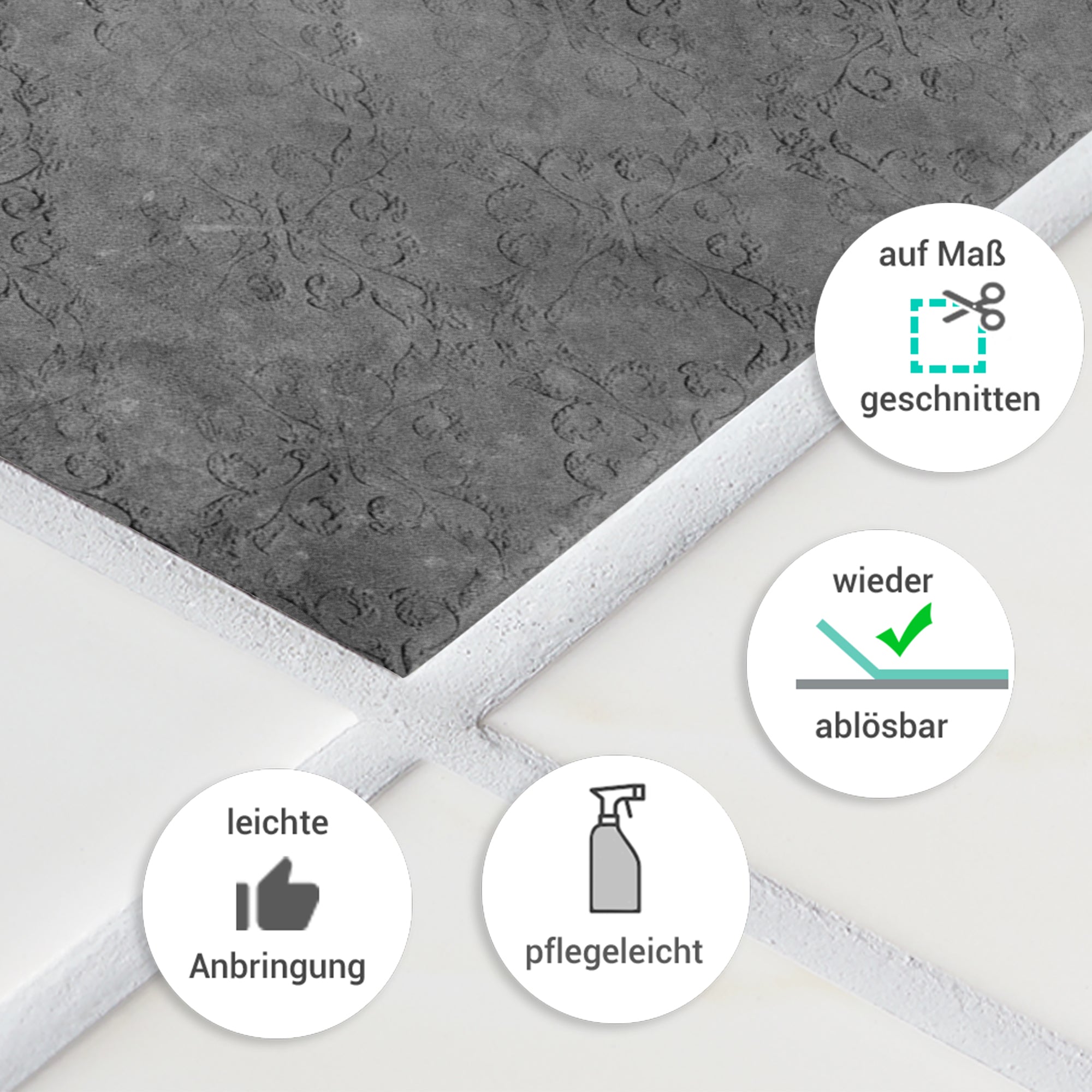 Dunkelgraue, pflegeleichte Fliesen, wieder ablösbar, maßgeschneidert.
