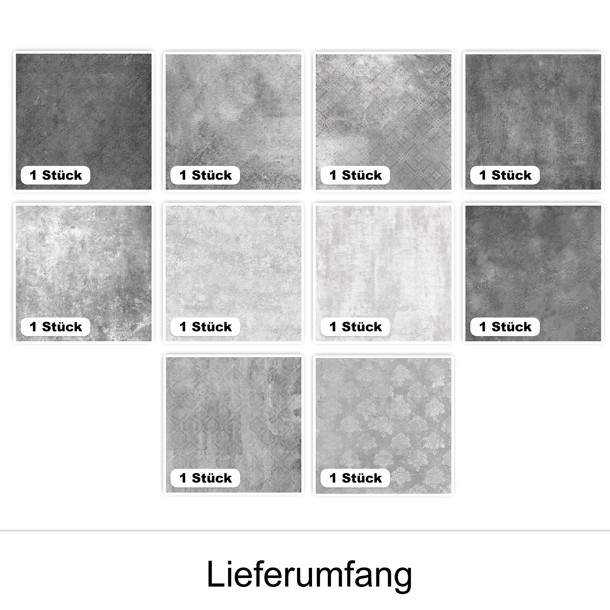 Zehn verschiedene graue Musterfliesen, unterschiedliche Texturen.
