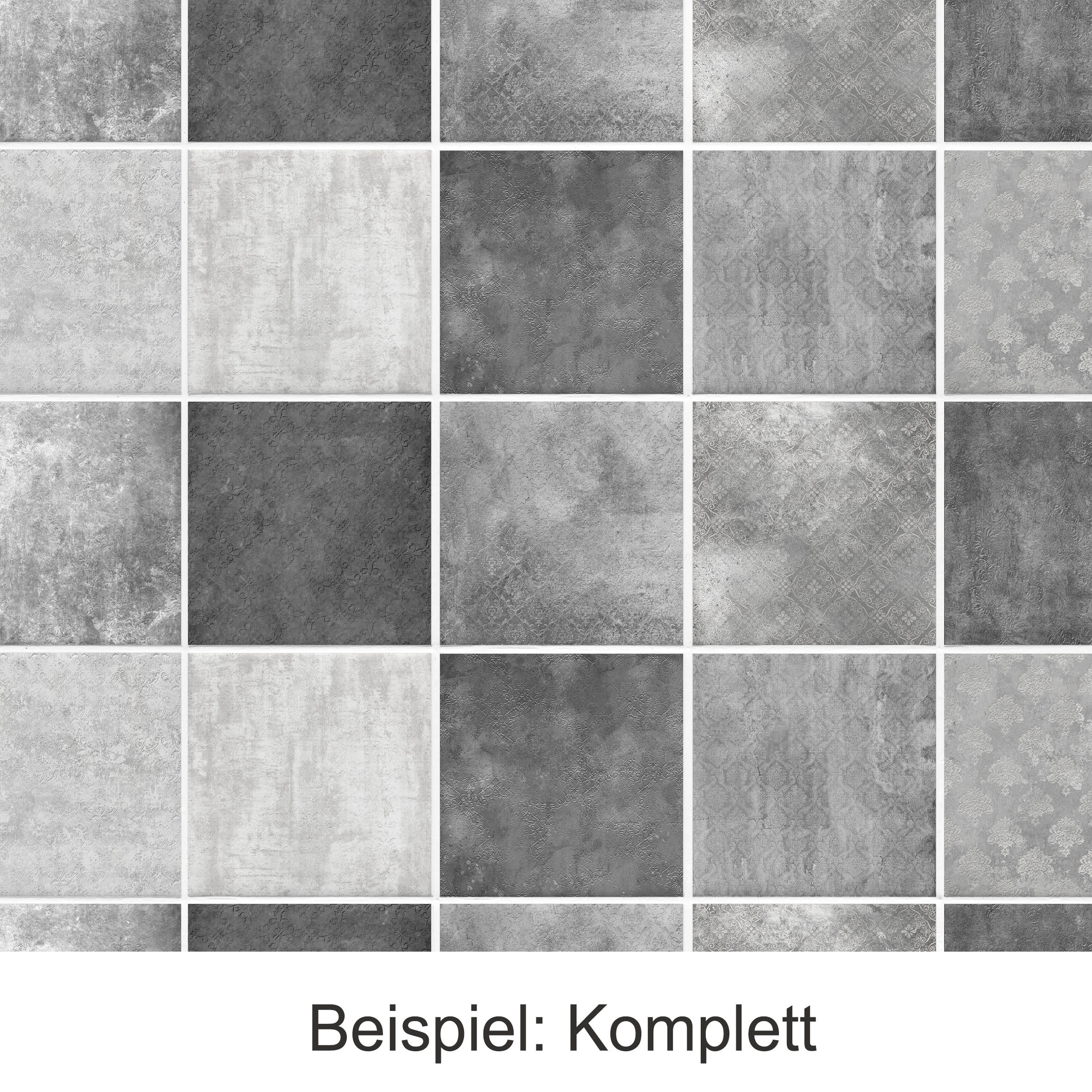 Graue Fliesenmuster in verschiedenen Texturen und Schattierungen.