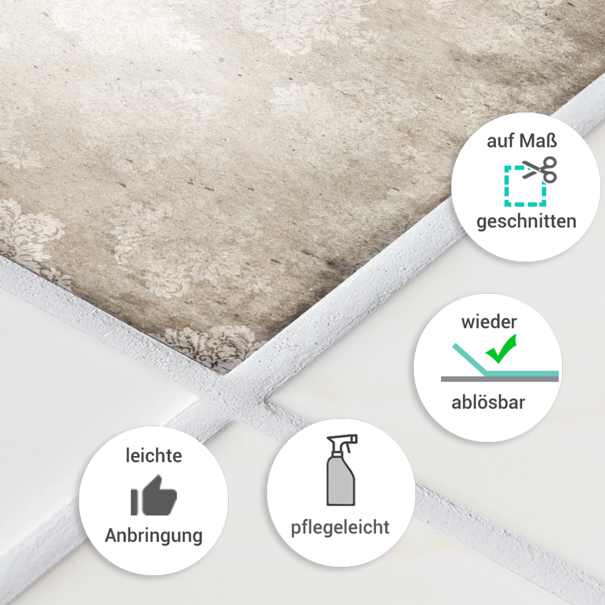 Wieder ablösbare, pflegeleichte Tapete in Grau mit floralem Muster.