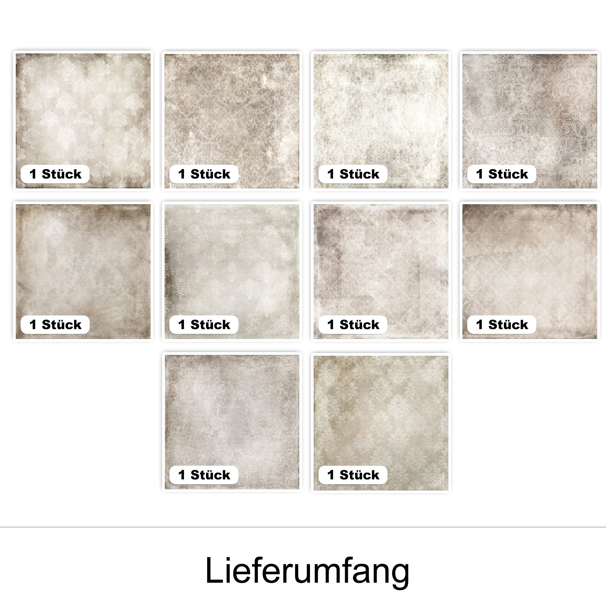 Zehn quadratische Muster in Beige- und Grautönen.