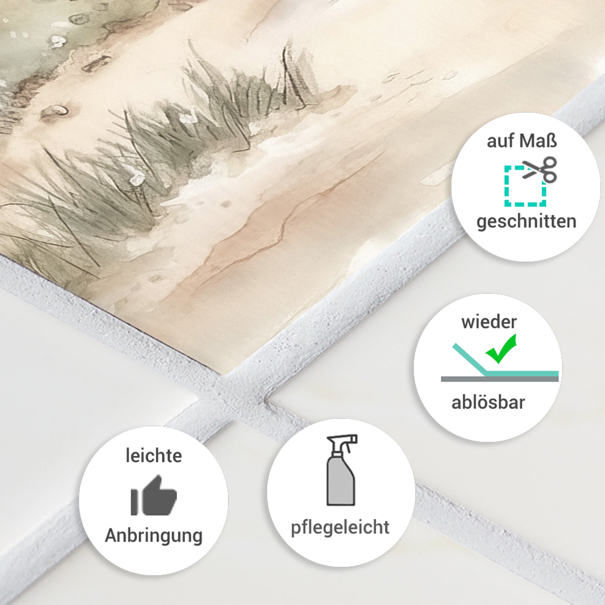 Wasserfarbdruck mit sanften Erdtönen und grünem Gras.