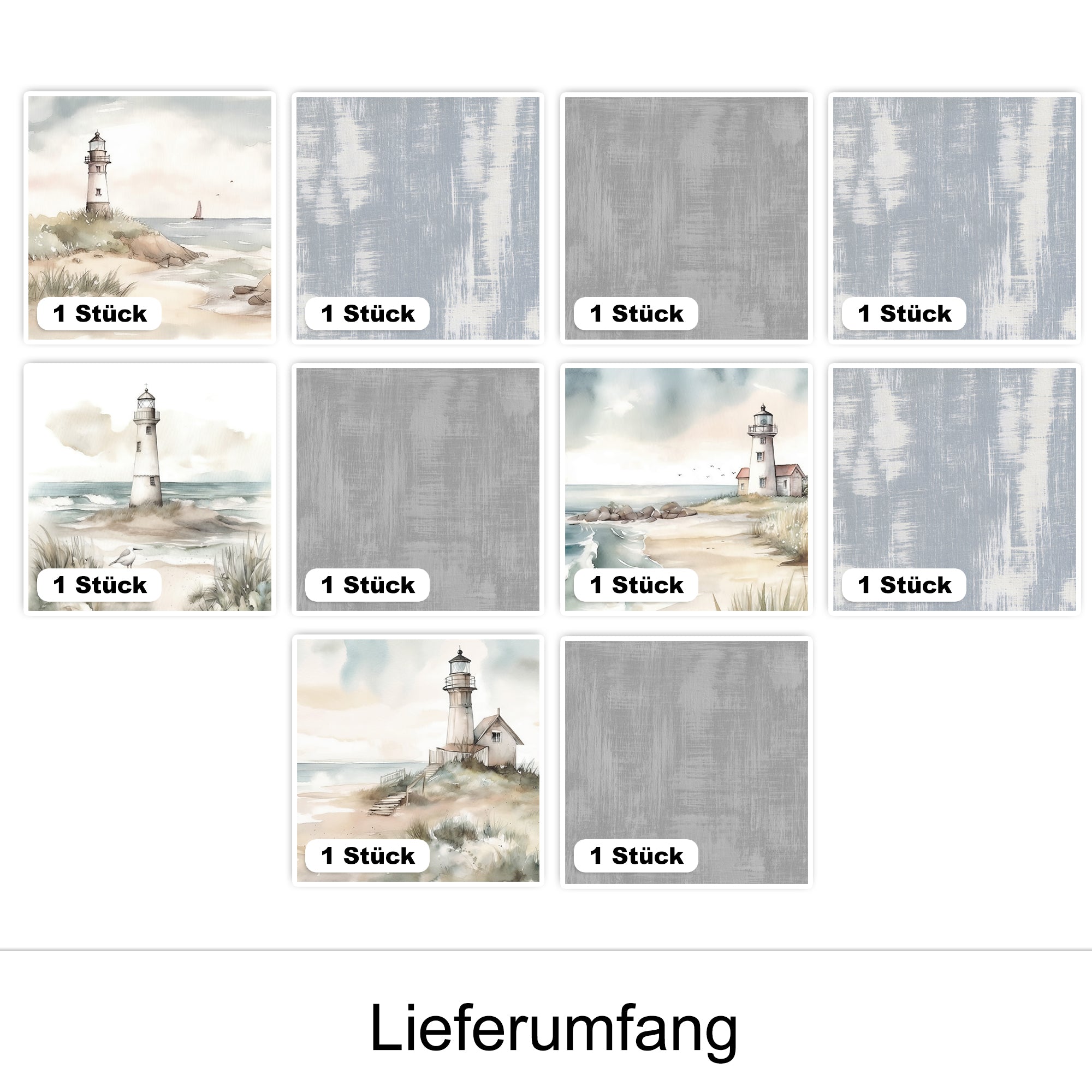 Wasserturm-Motive in sanften Pastellfarben, 9 Stück.