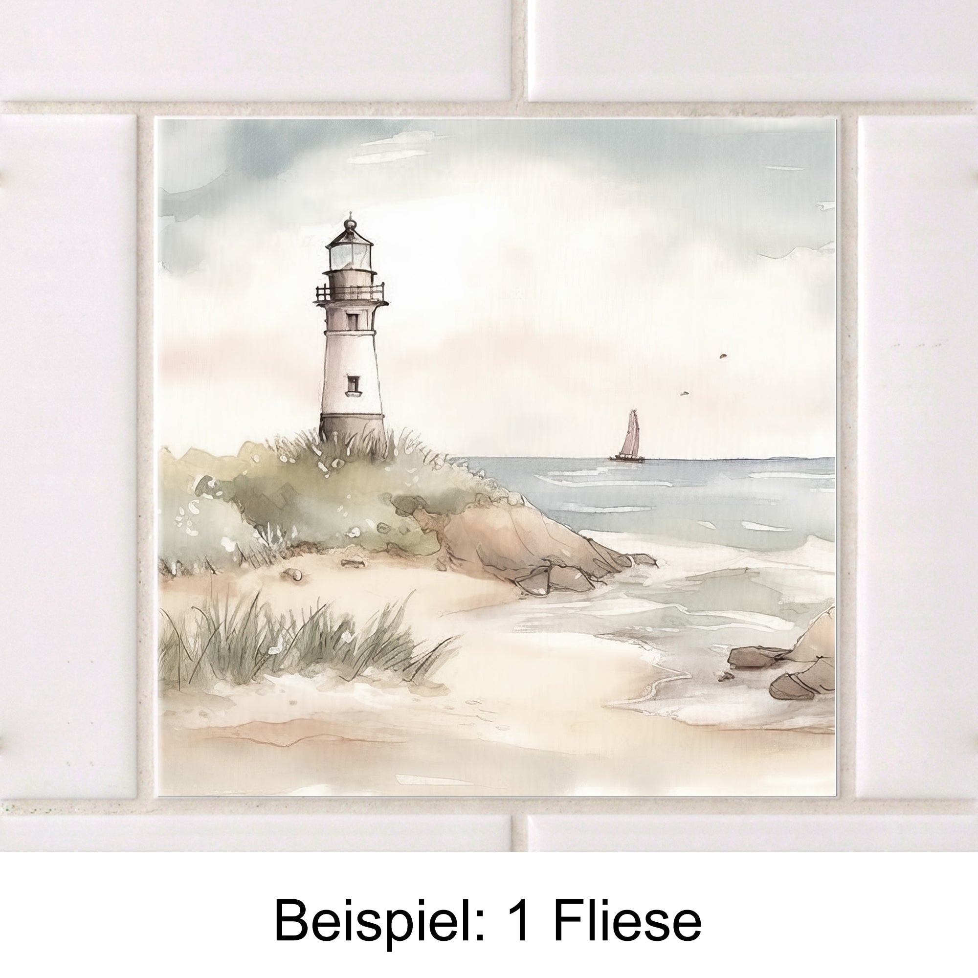 Fliese mit Leuchtturm, sanften Farben und Küstenlandschaft.