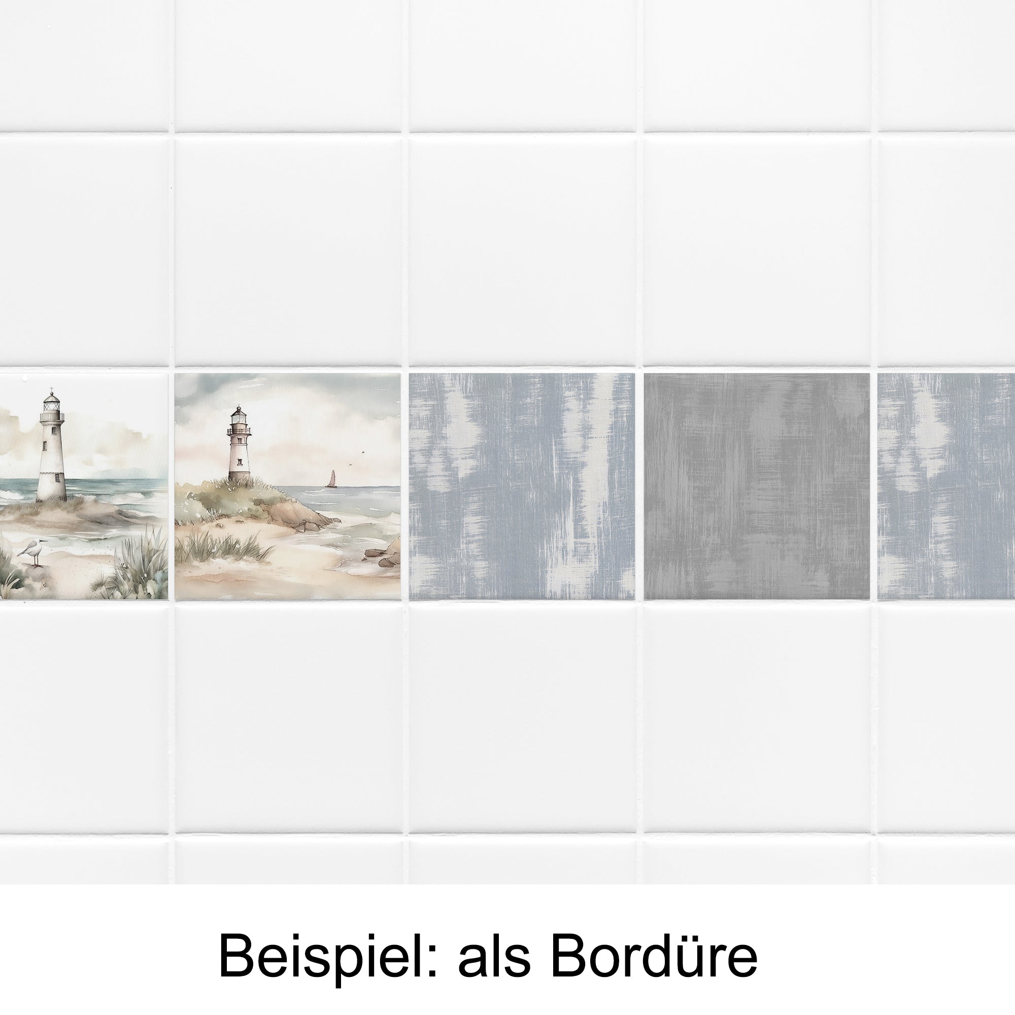 Fliesenbordüre mit Leuchttürmen, Grau- und Blautönen.