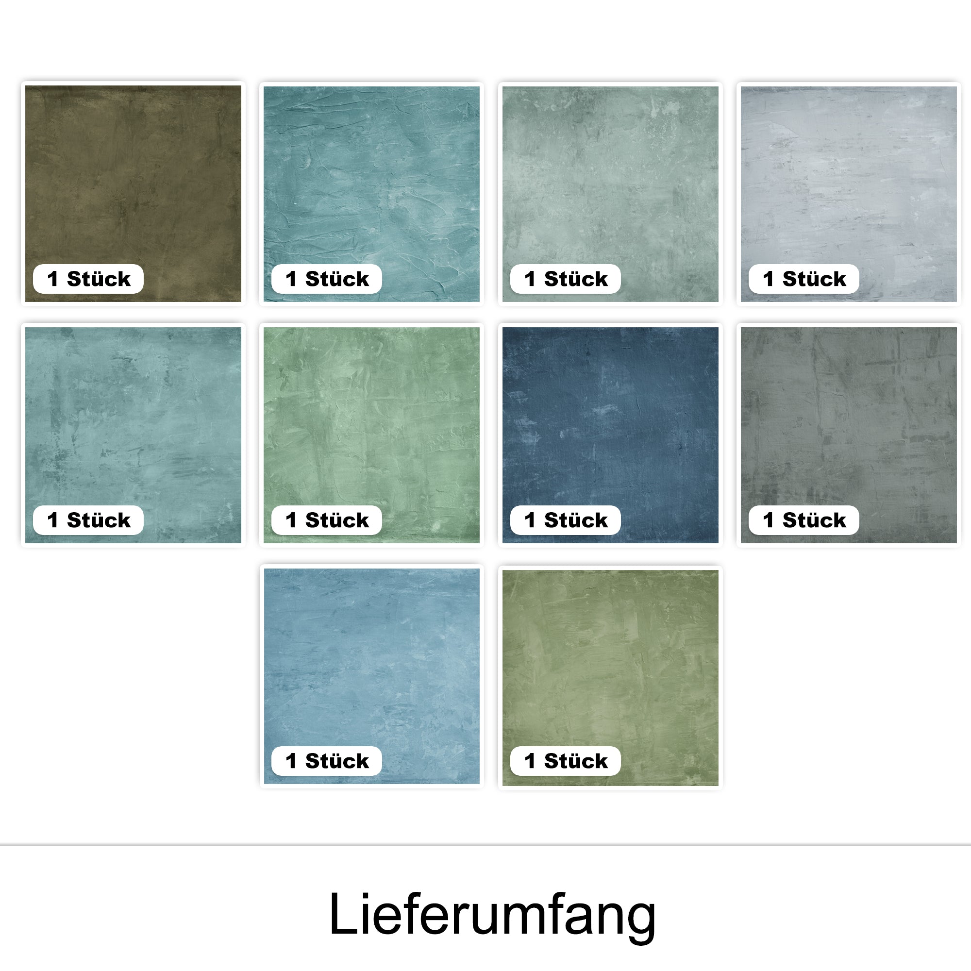 Zehn Farbvarianten von strukturiertem Wandbelag in verschiedenen Tönen.