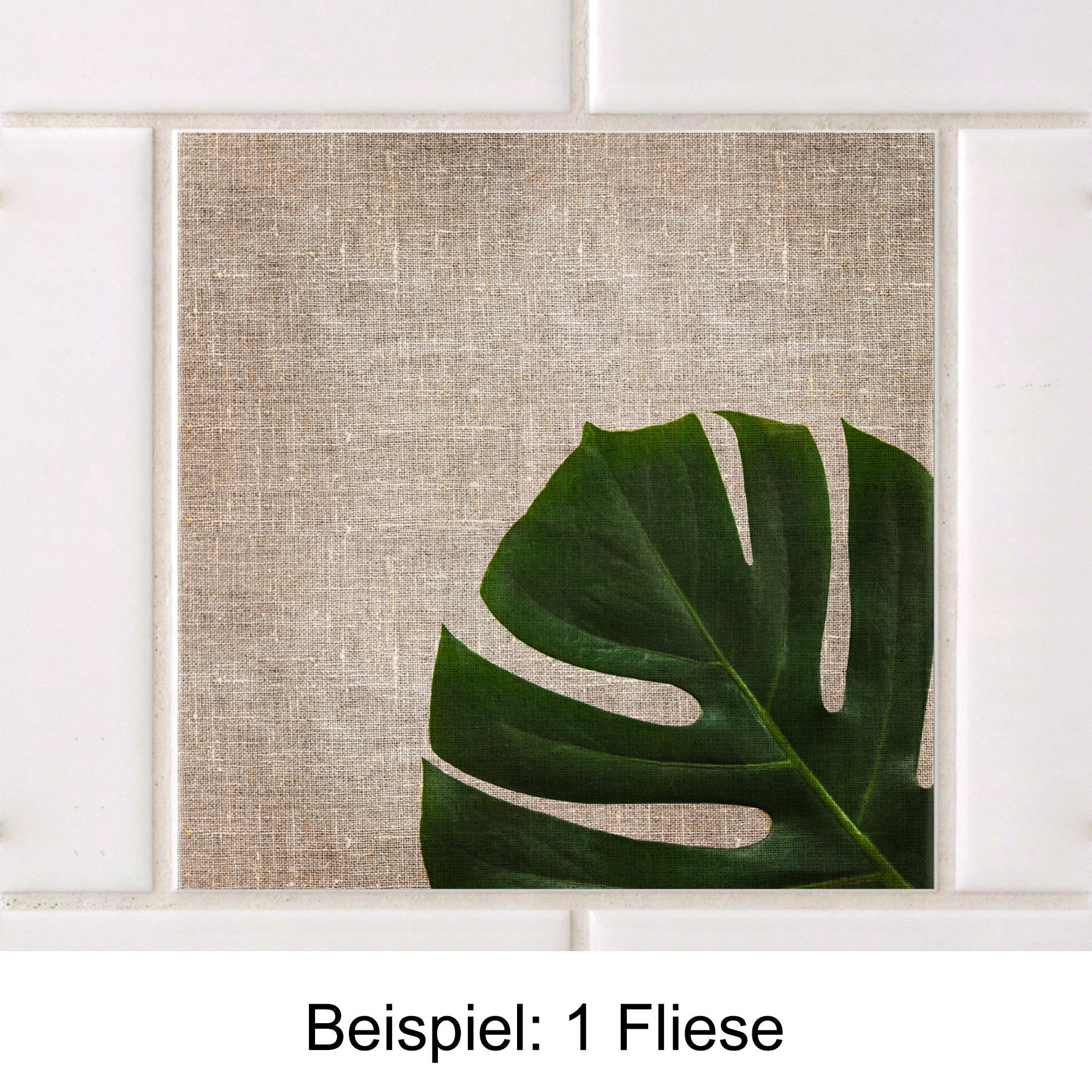Fliese mit Monstera-Blatt auf strukturiertem Hintergrund.