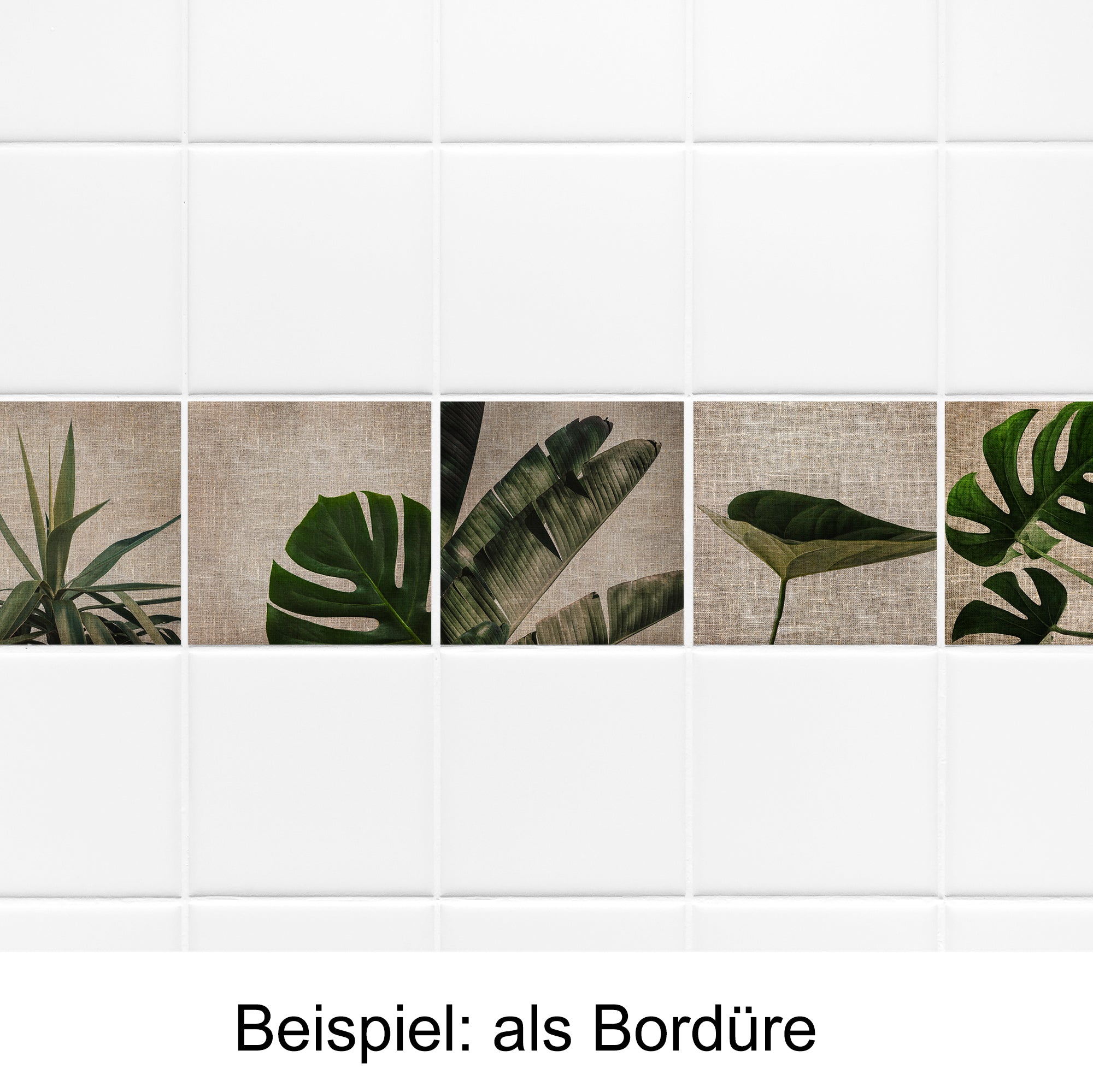 Grüne Pflanzenmuster auf beige Hintergrundfliesen als Bordüre.