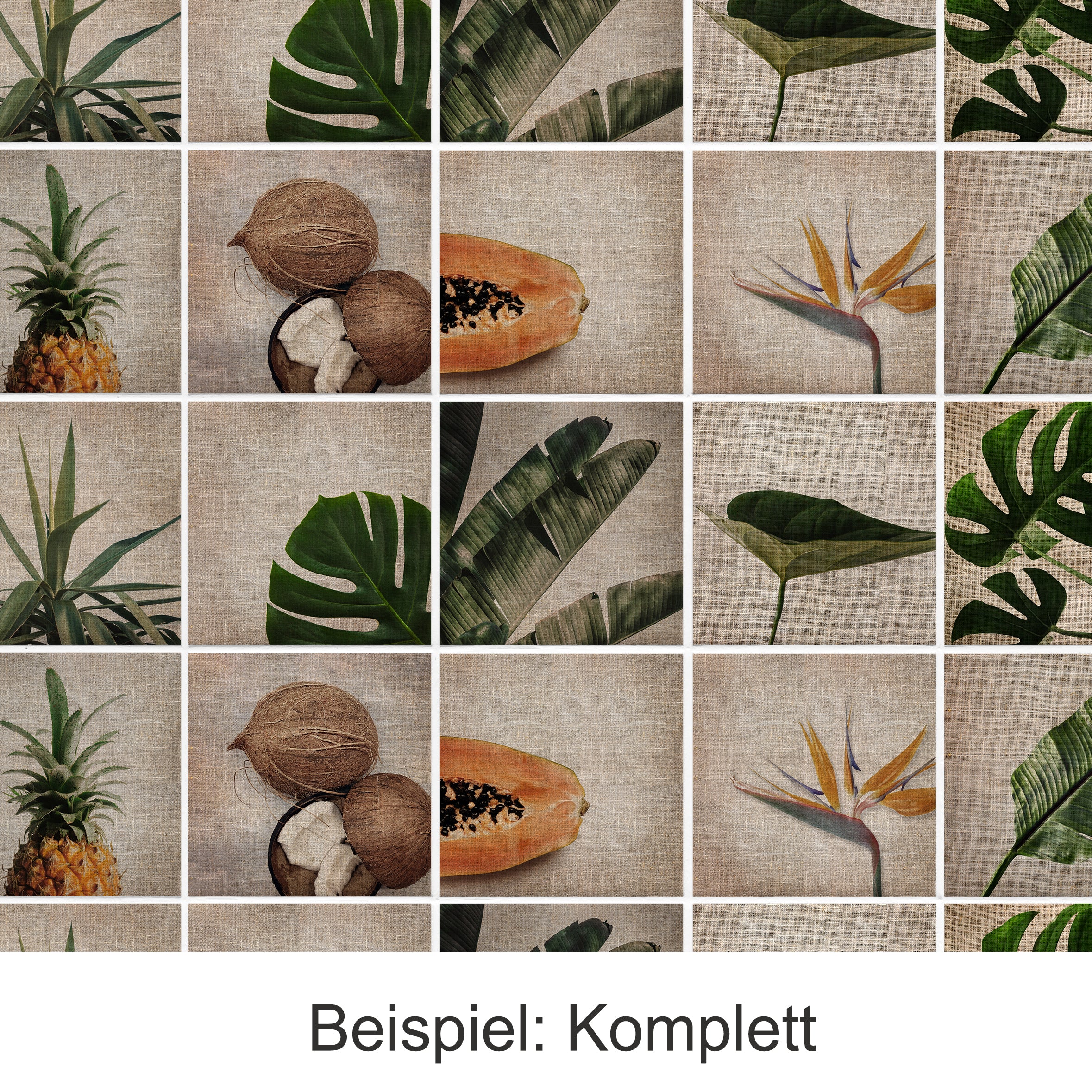 Tropische Früchte und Pflanzen in verschiedenen Grüntönen.