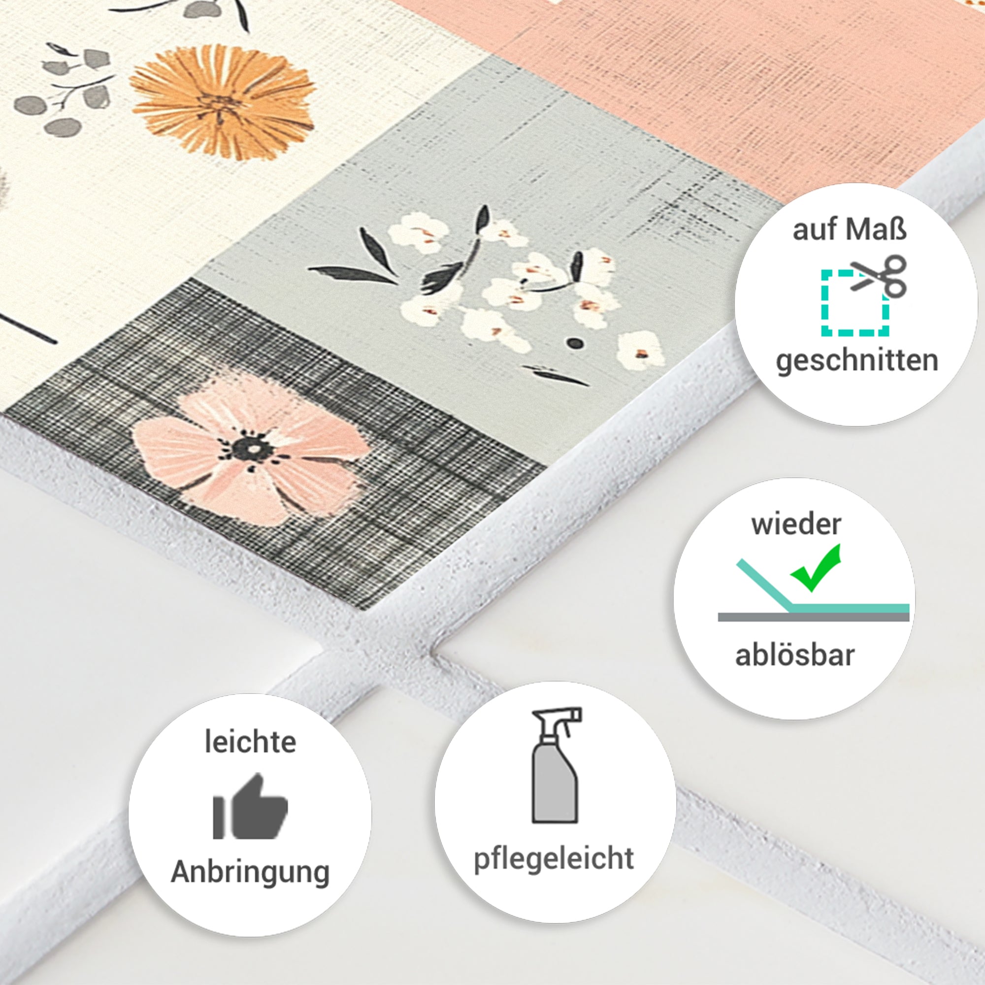 Bunte, florale Wandtapete in Pastellfarben, pflegeleicht und ablösbar.
