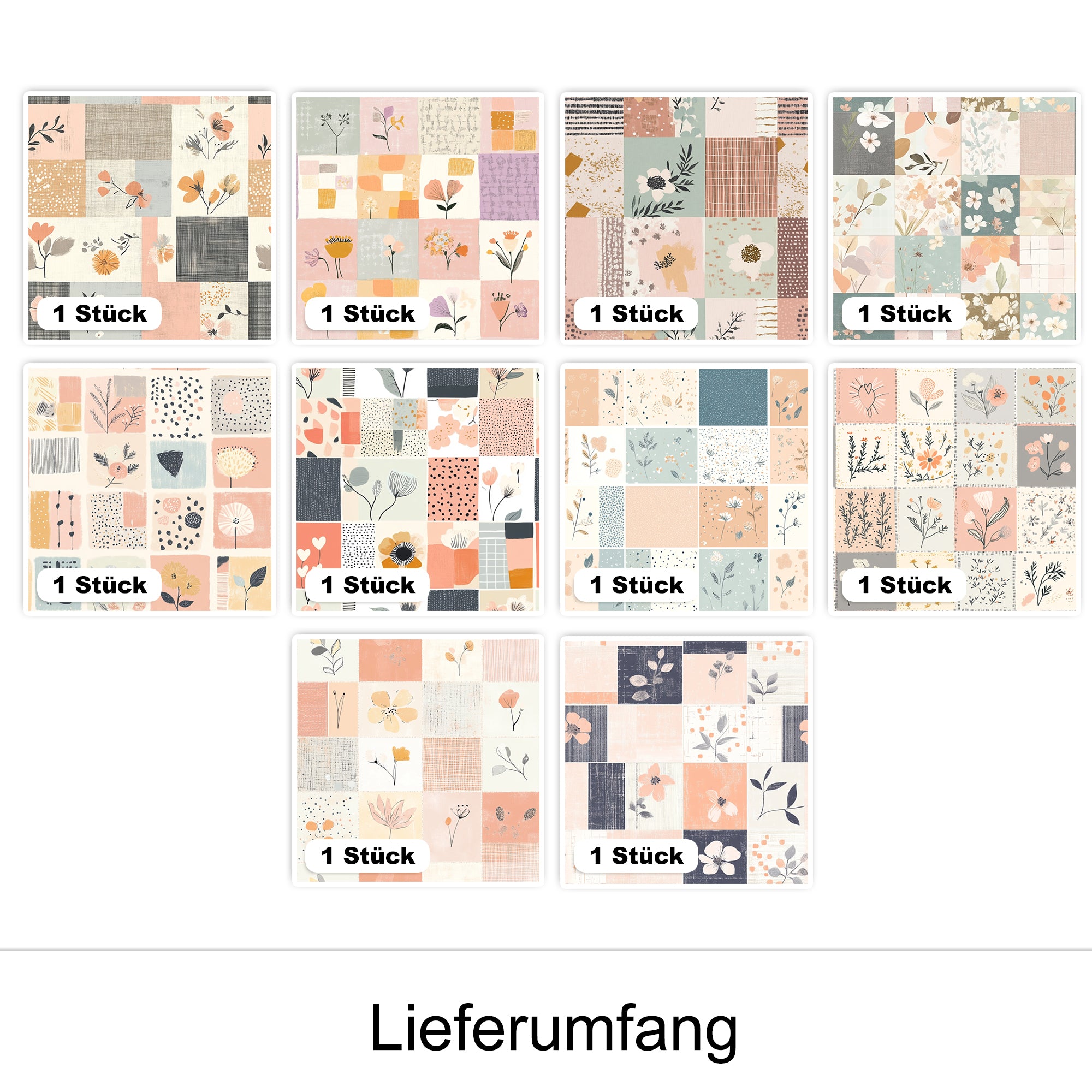 Bunte Papiermuster in Pastellfarben, floral und geometrisch.