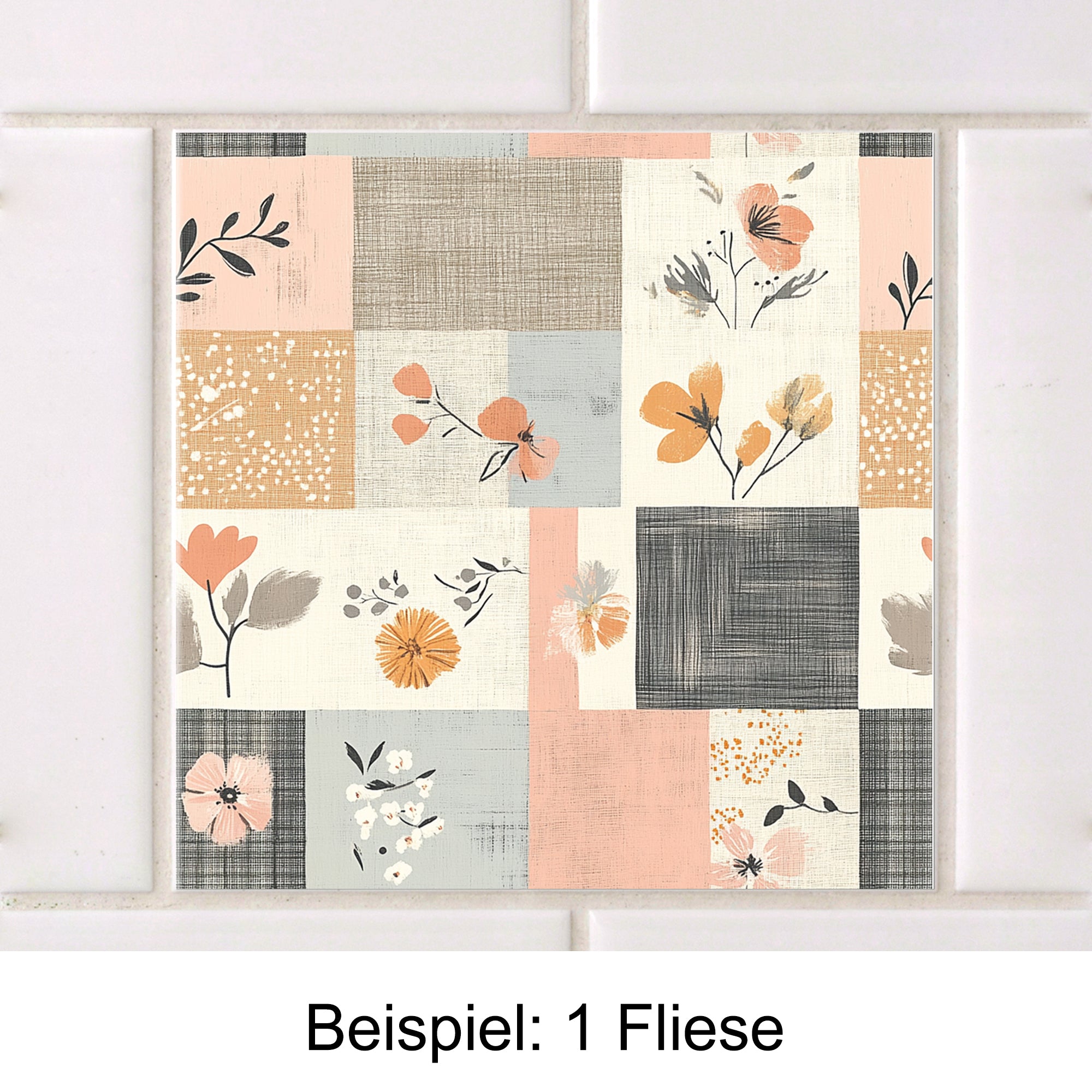 Fliese mit floralen Mustern in Pastellfarben.