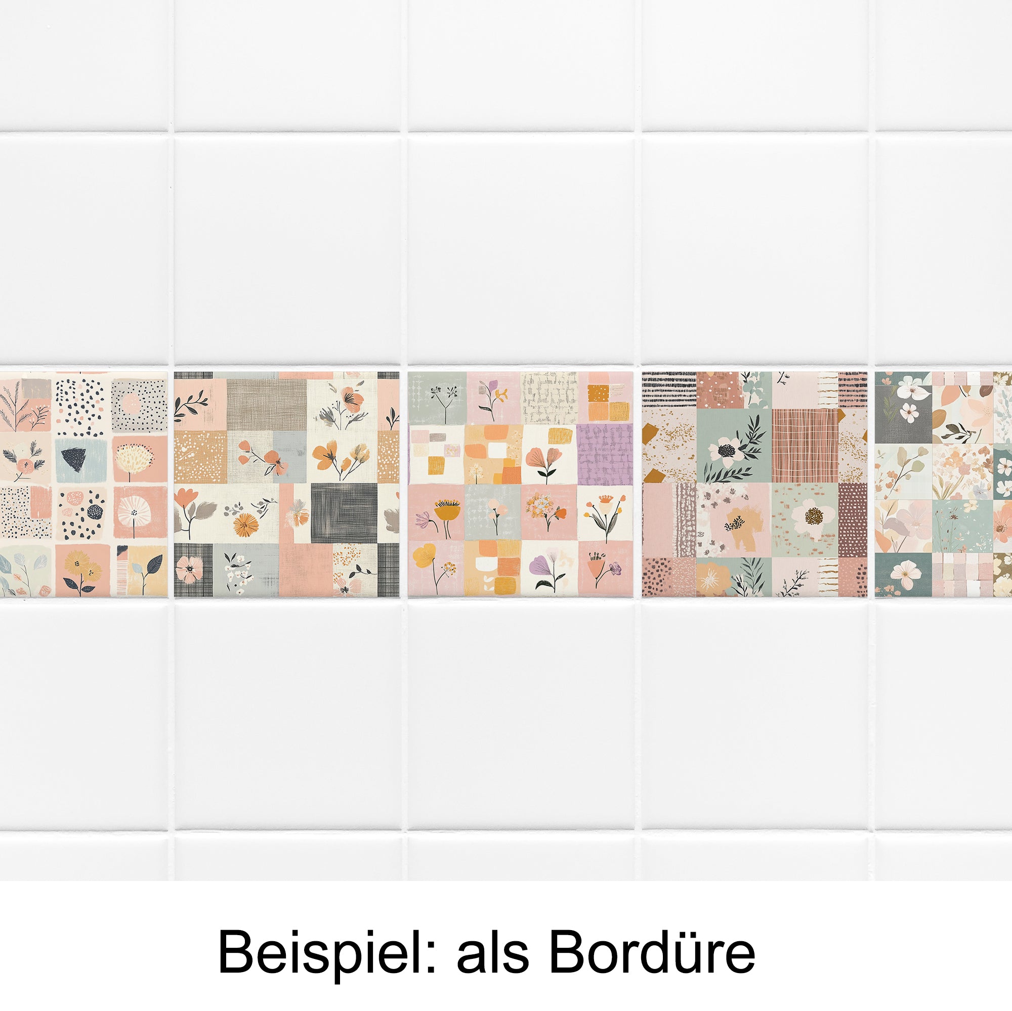 Musterfliesen in Pastellfarben als dekorative Bordüre.