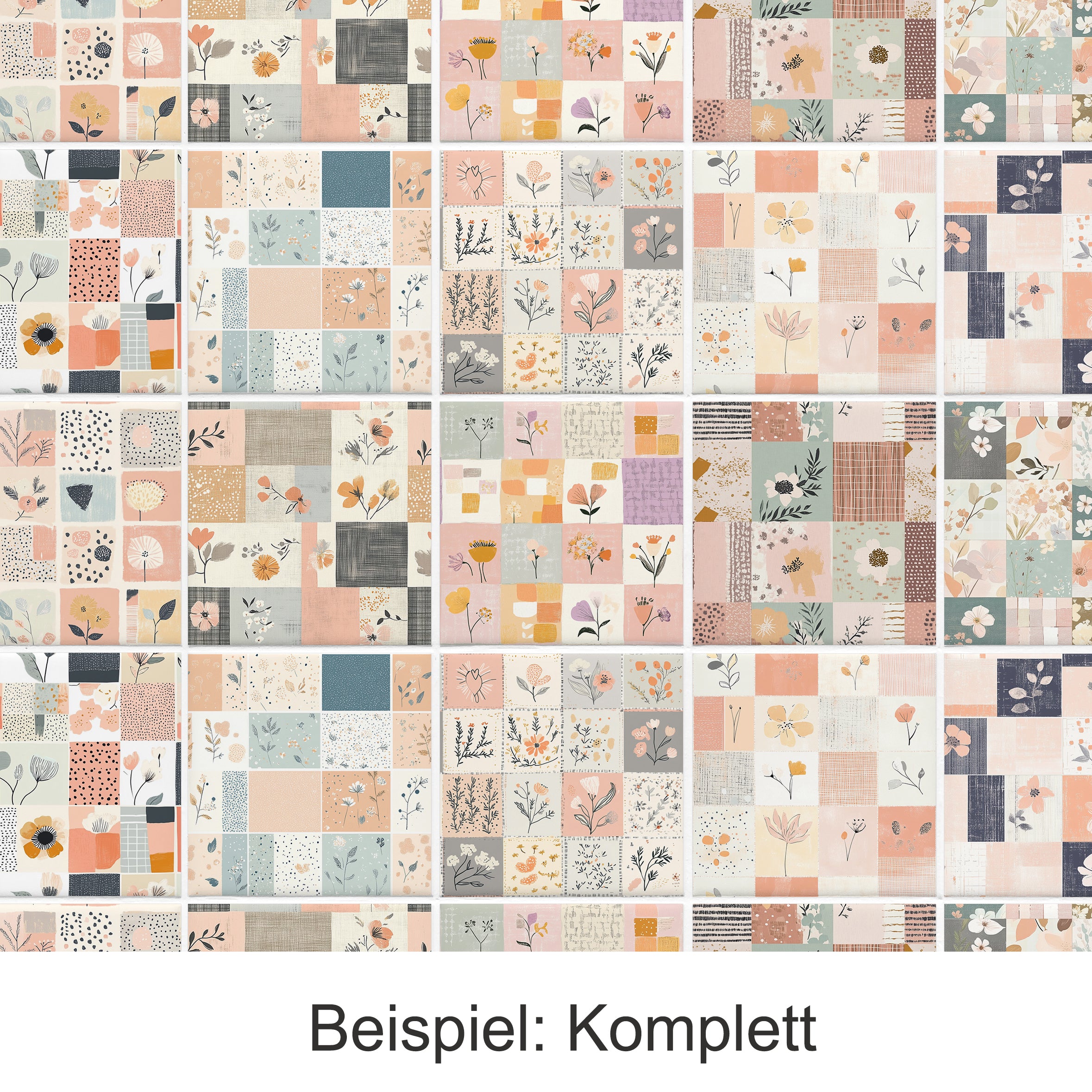 Bunte Stoffmuster in Pastellfarben mit floralen Motiven.