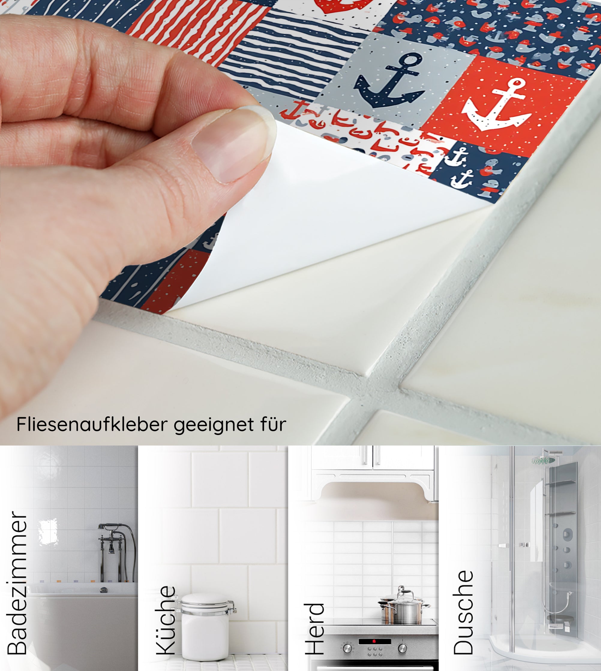 Fliesenaufkleber in rot-blau mit Anker-Muster.