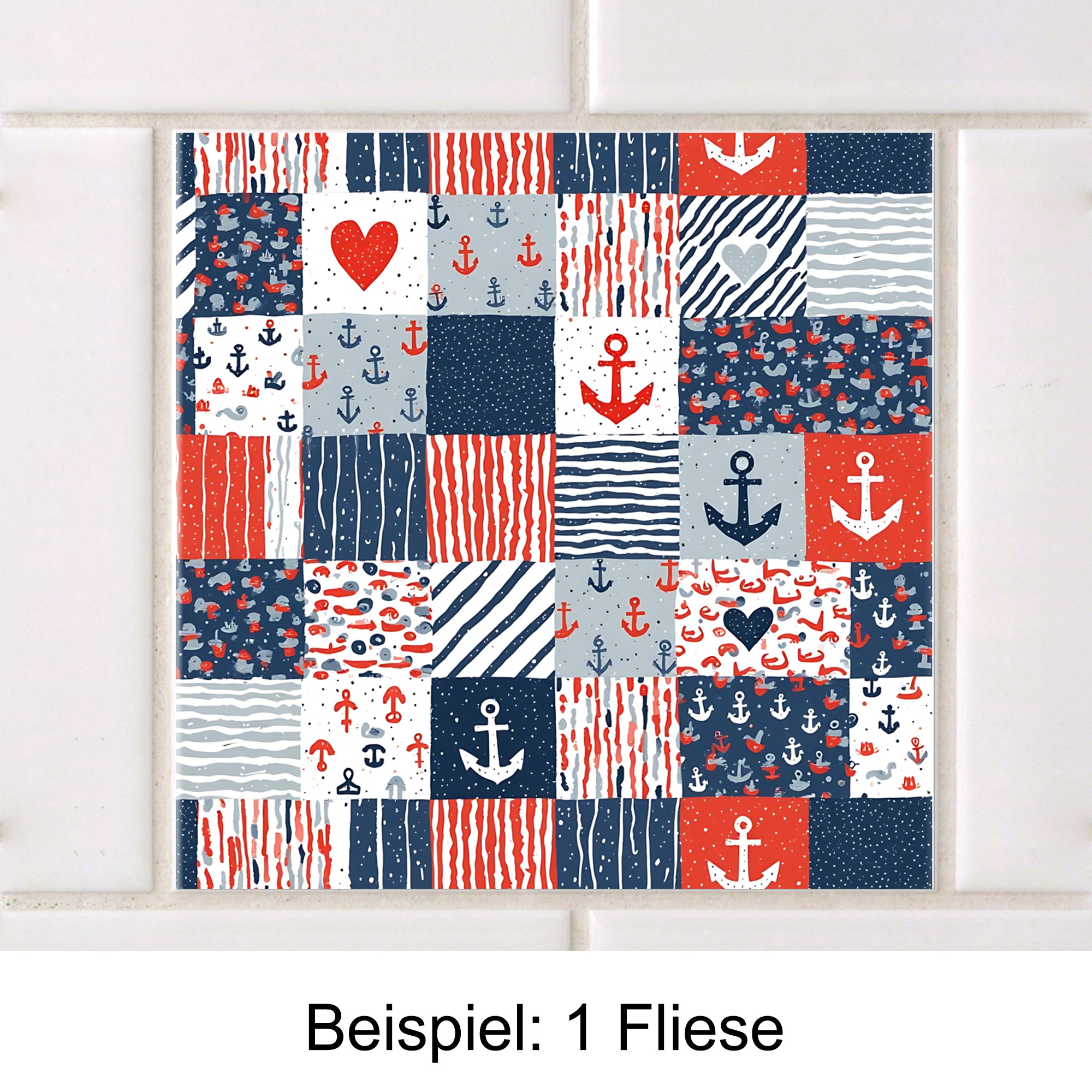 Bunte Fliese mit Anker- und Herzmotiven in Blau und Rot.