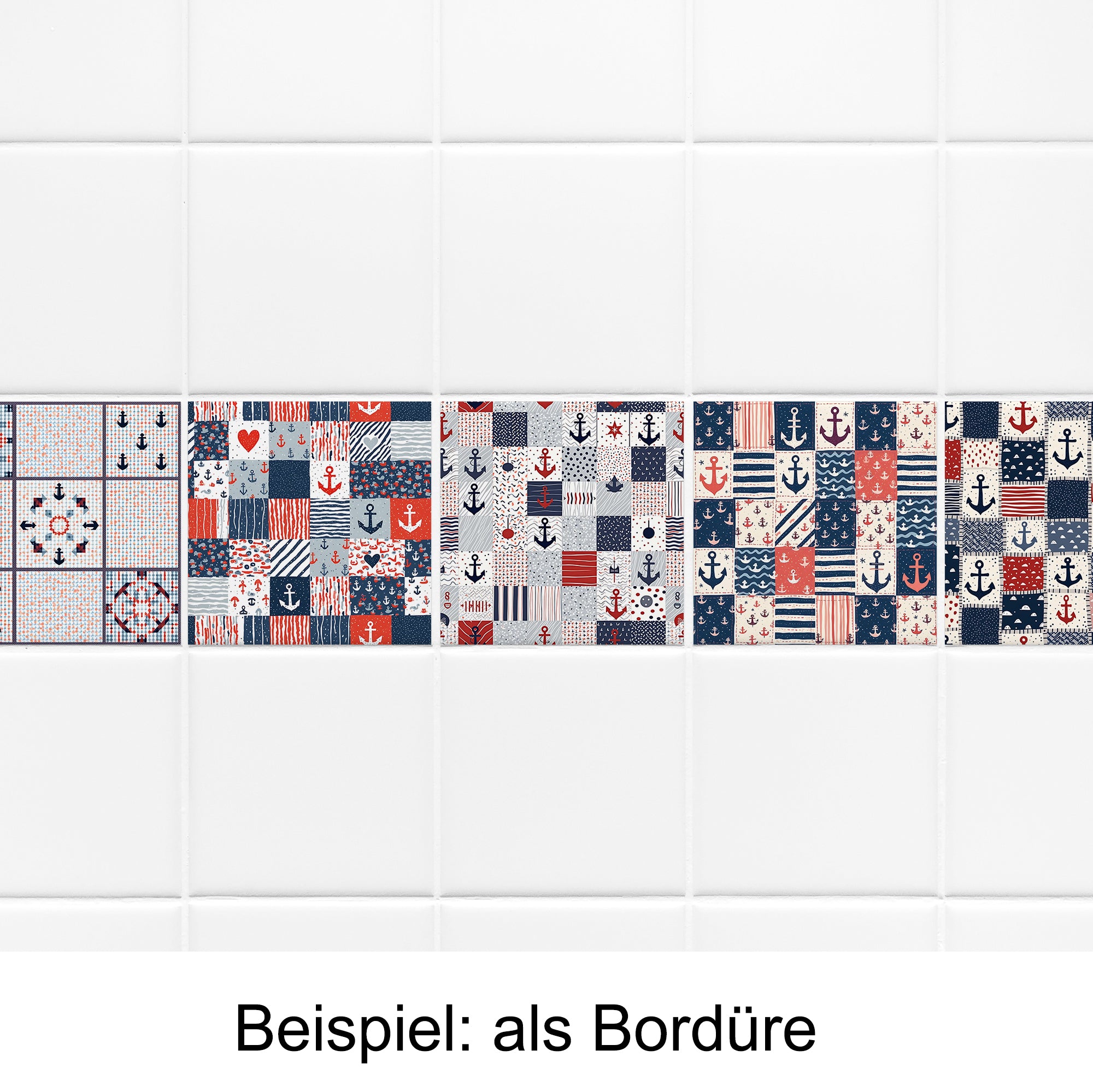 Bunte Fliesenbordüre mit maritimen Motiven in Blau und Rot.