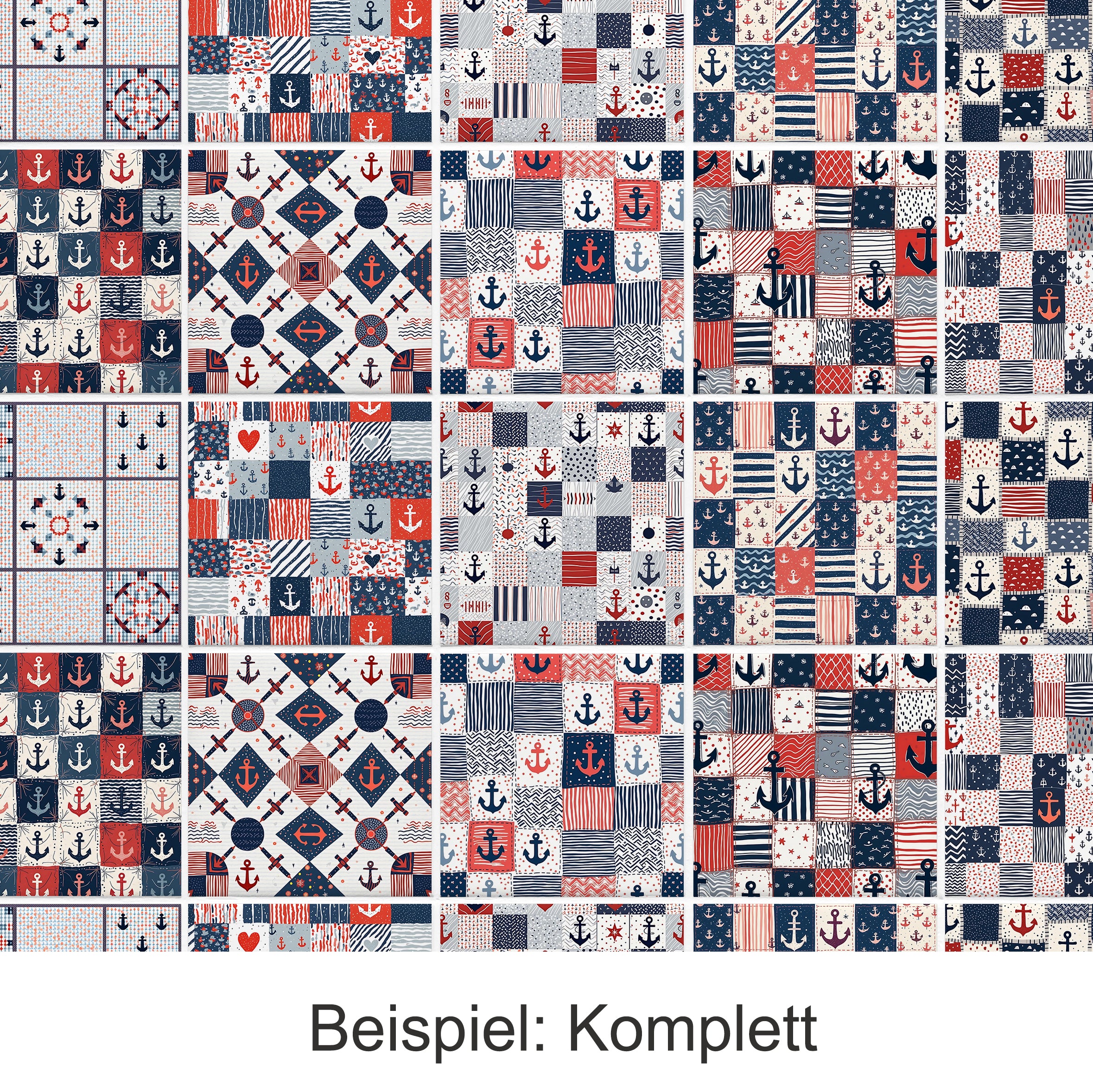 Marine Muster in Blau, Rot und Weiß mit Ankern.