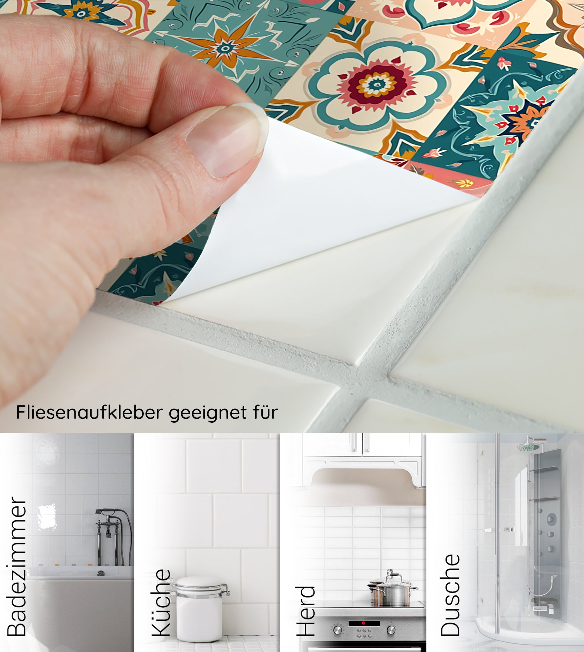 Bunter Fliesenaufkleber mit floralen Mustern für verschiedene Räume.