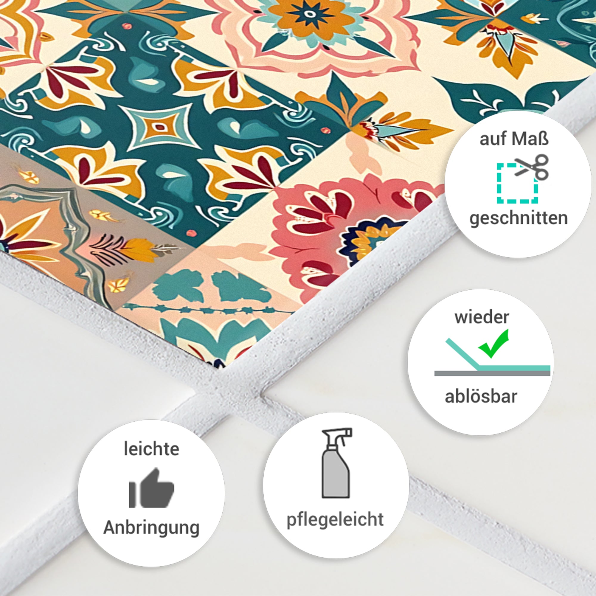 Bunte, florale Vinylfolie, leicht anbringbar und ablösbar.