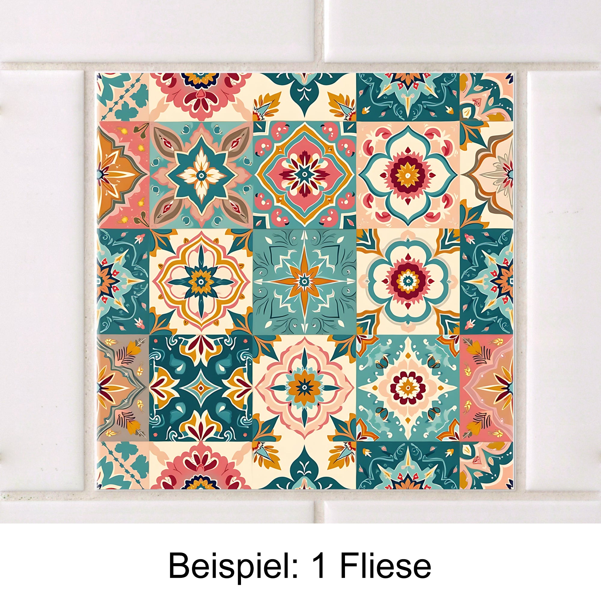 Bunte Fliese mit floralem Muster in Blau und Rosa.