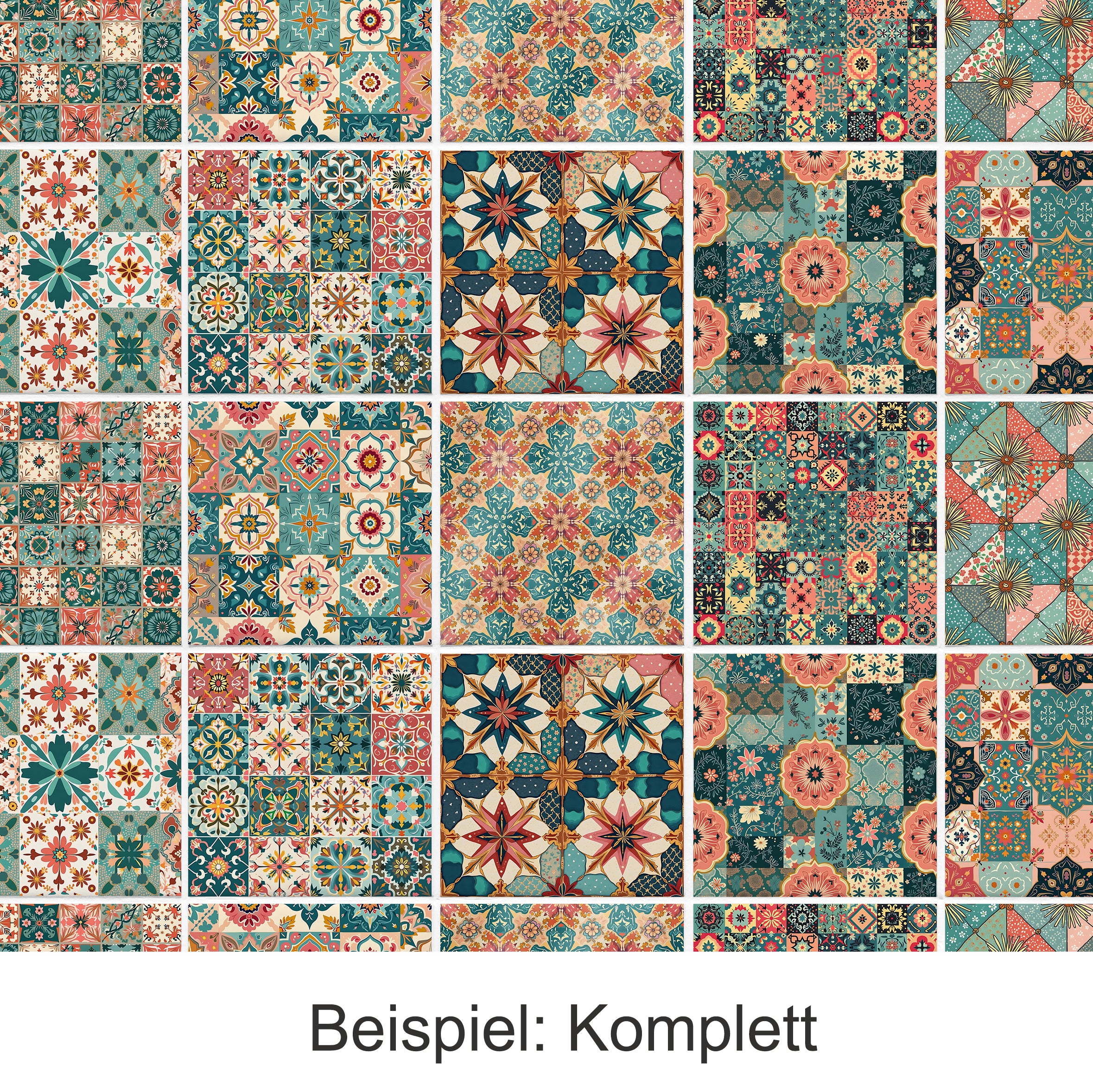 Bunte, geometrische Muster in Blau, Rot und Beige.