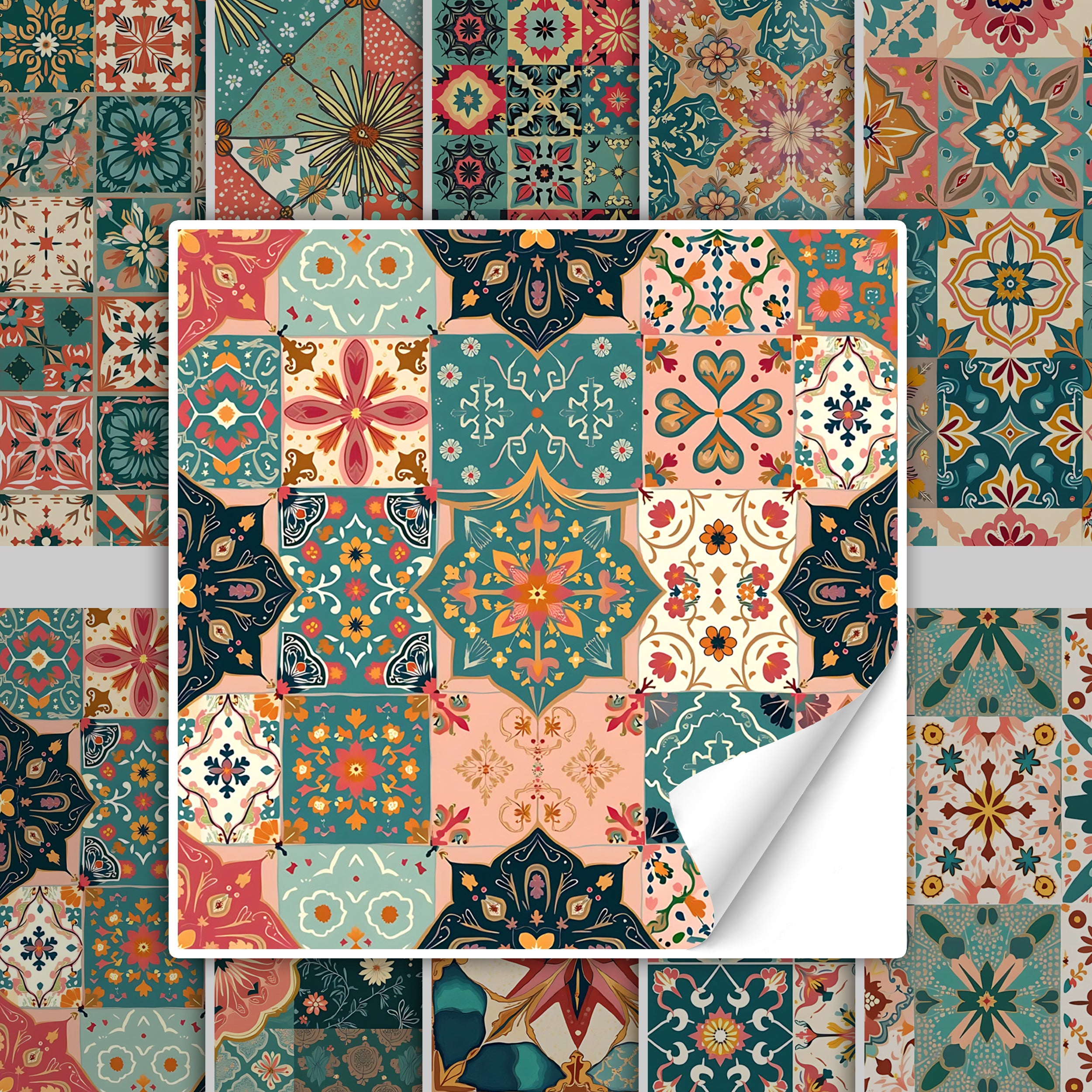 Bunte Fliesenmuster in Blau, Rosa und Cremefarben.