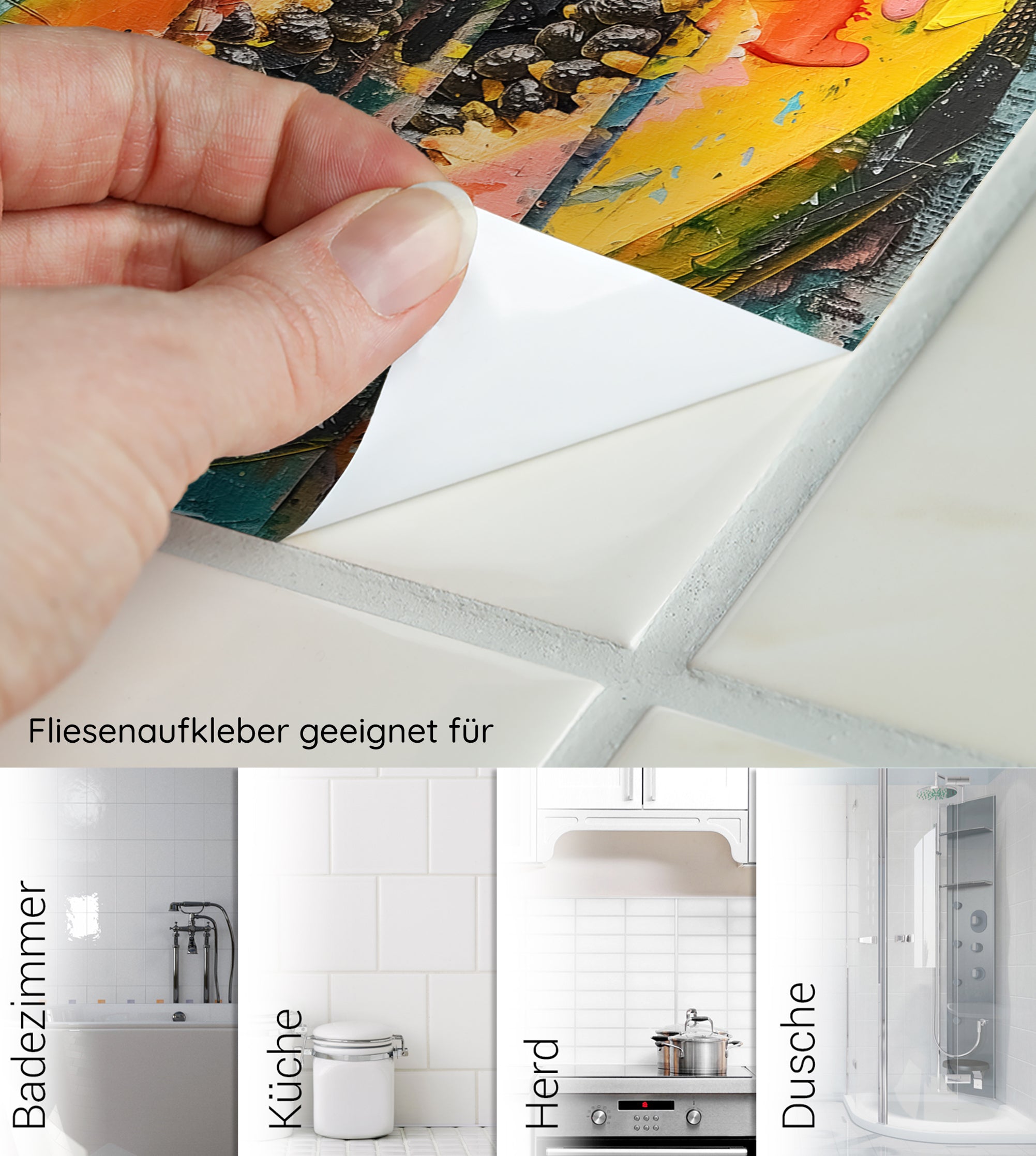 Fliesenaufkleber in bunten Farben für verschiedene Anwendungen.