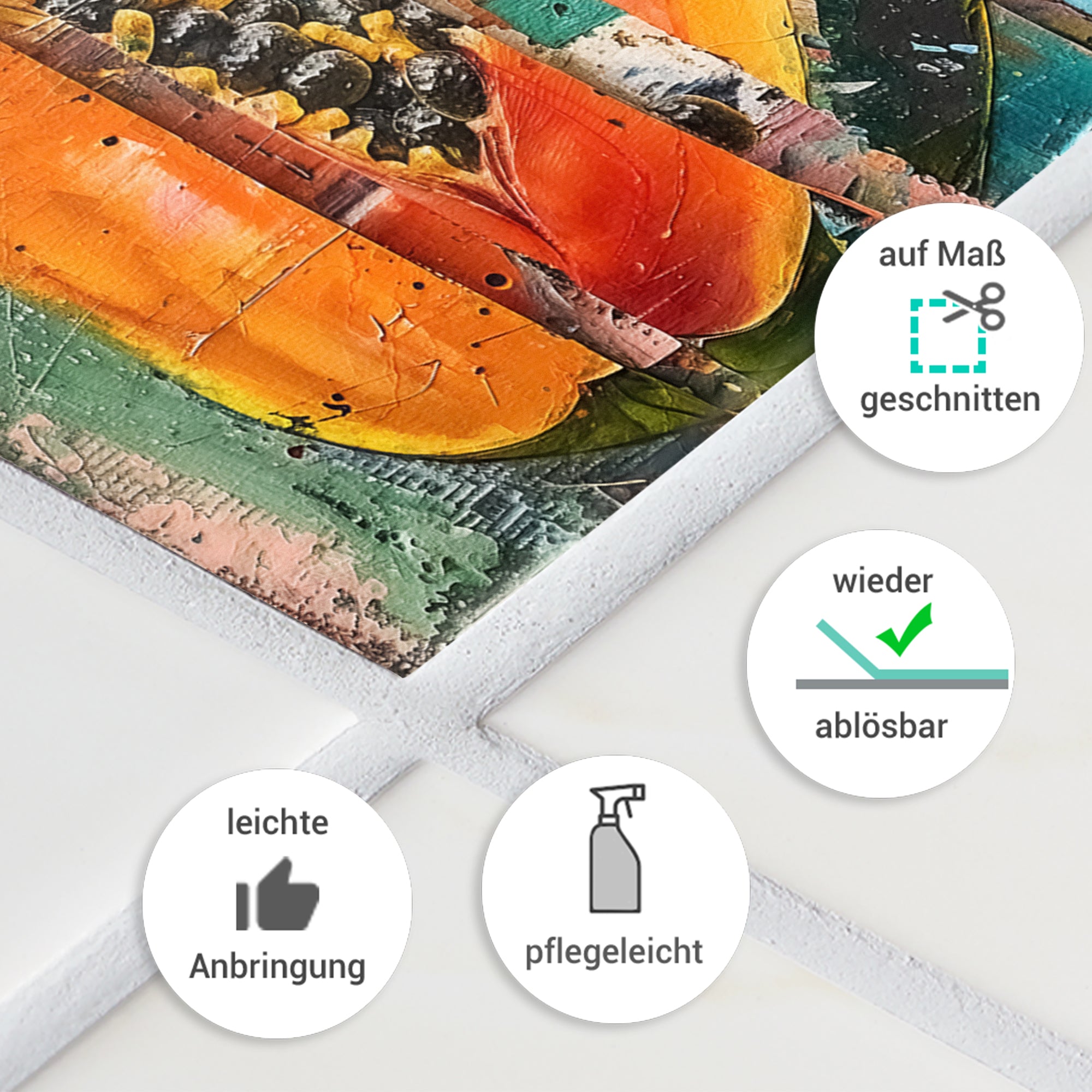 Bunte Wanddekoration mit tropischen Früchten und Pflanzenmotiven.