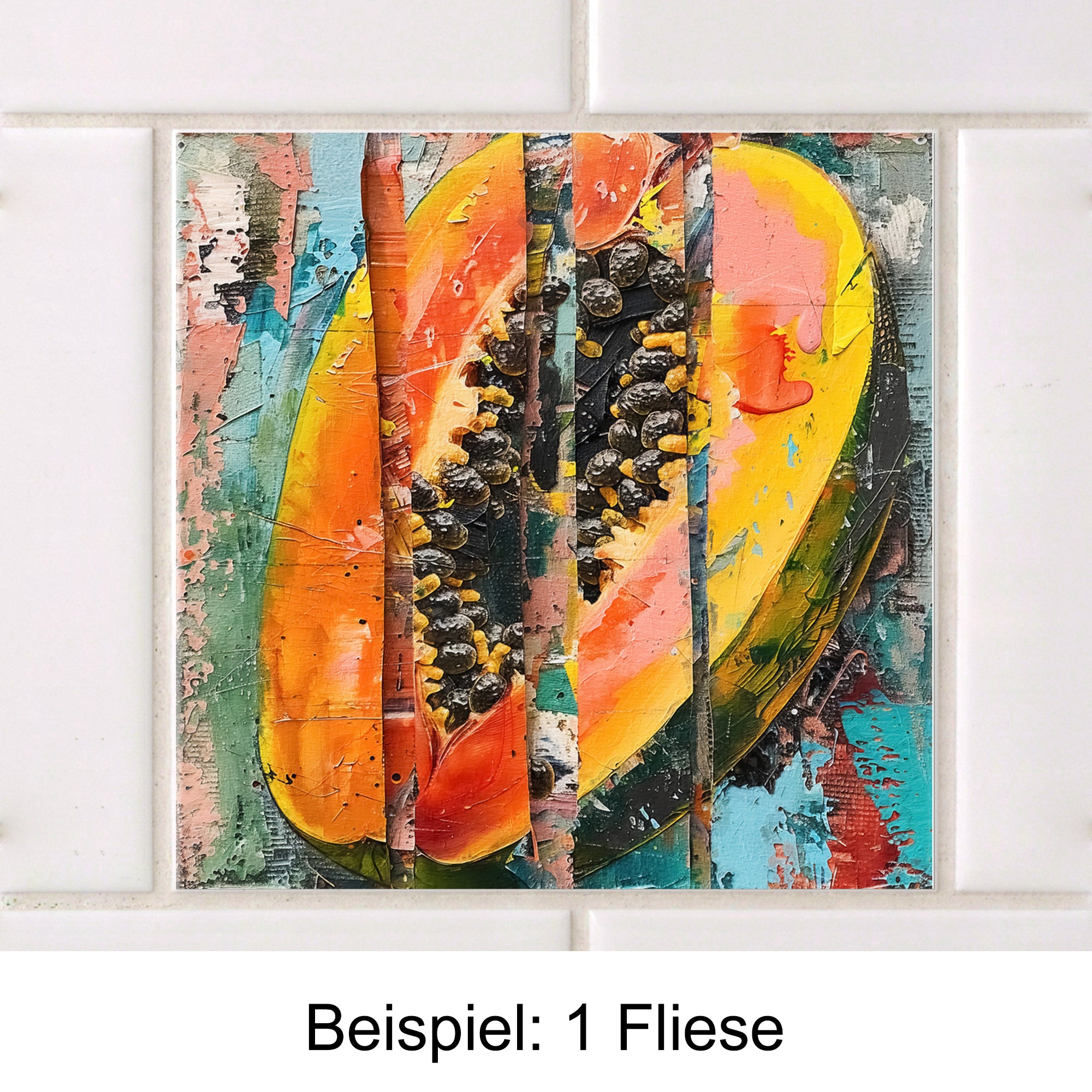 Papaya auf bunter Fliese mit orange und gelb.