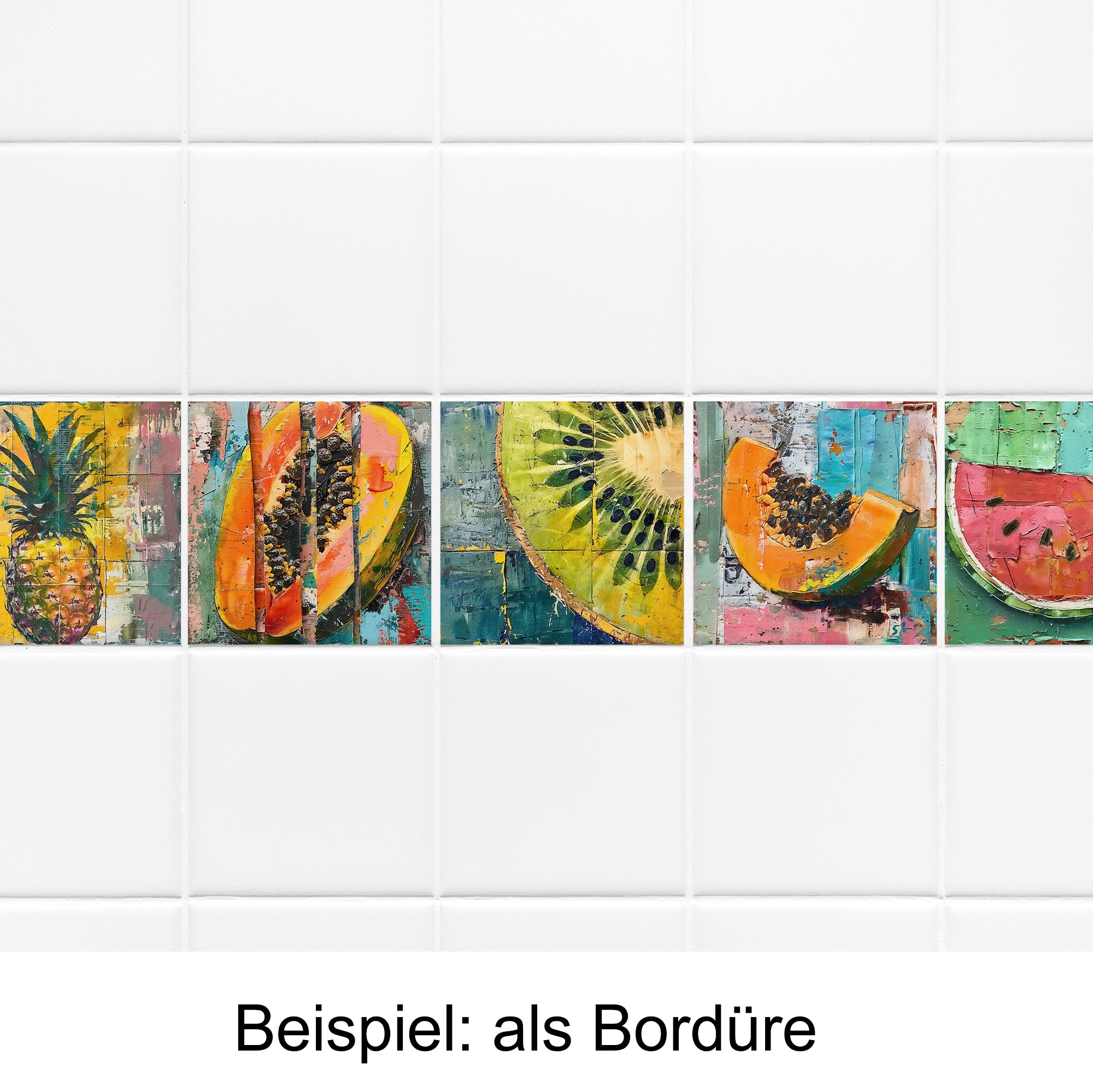 Bunte Fliesenbordüre mit Früchten: Ananas, Papaya, Kiwi, Melone.