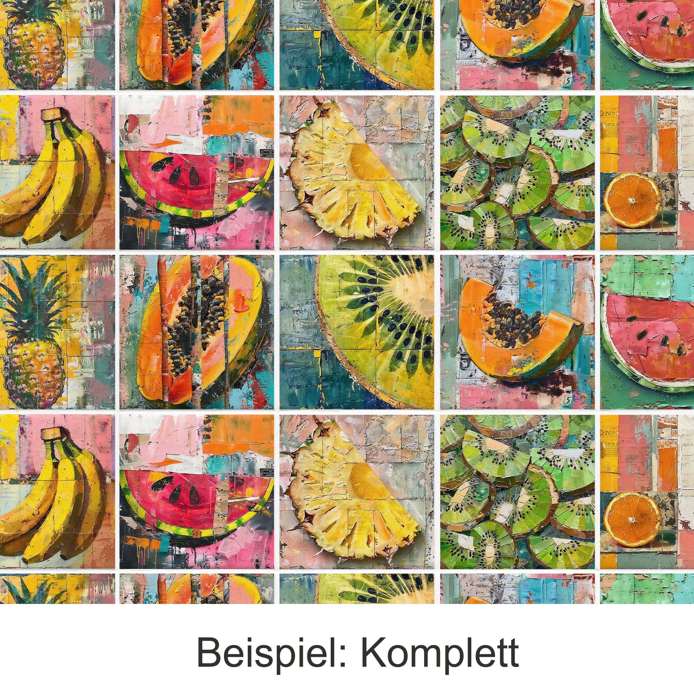 Bunte Fruchtcollage mit Ananas, Bananen, Wassermelonen und Kiwi.