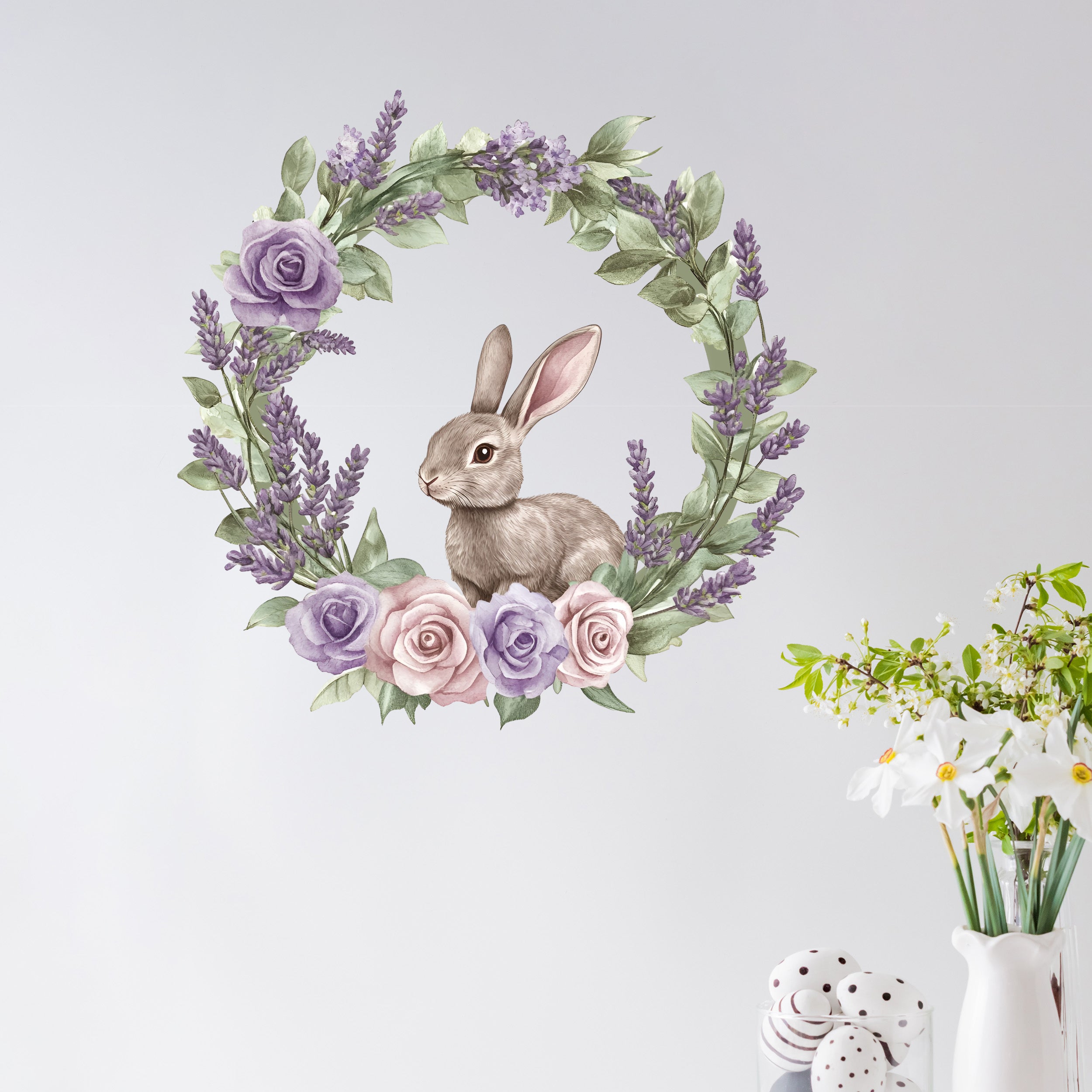 Wandtattoo Ostern mit Hase und Blumen
