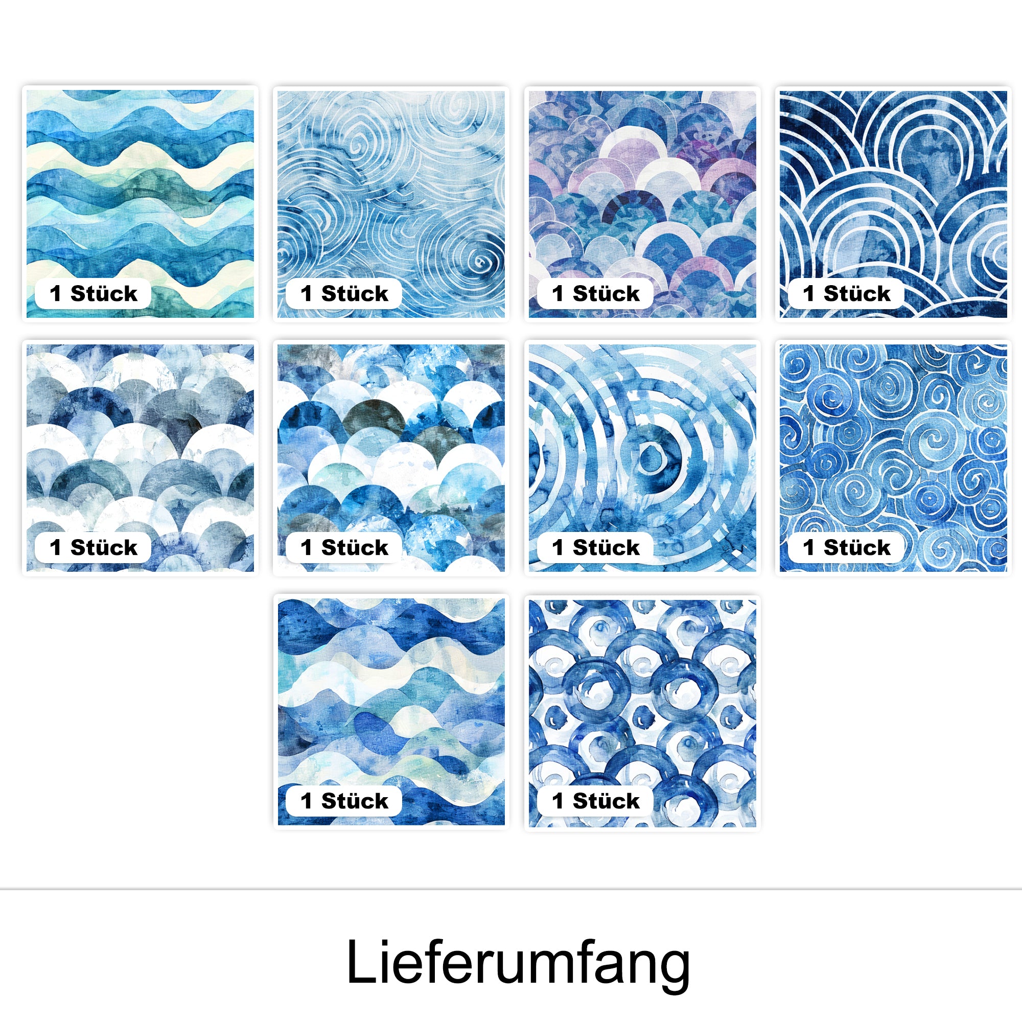 Zehn blaue Wellenmuster in verschiedenen Designs.