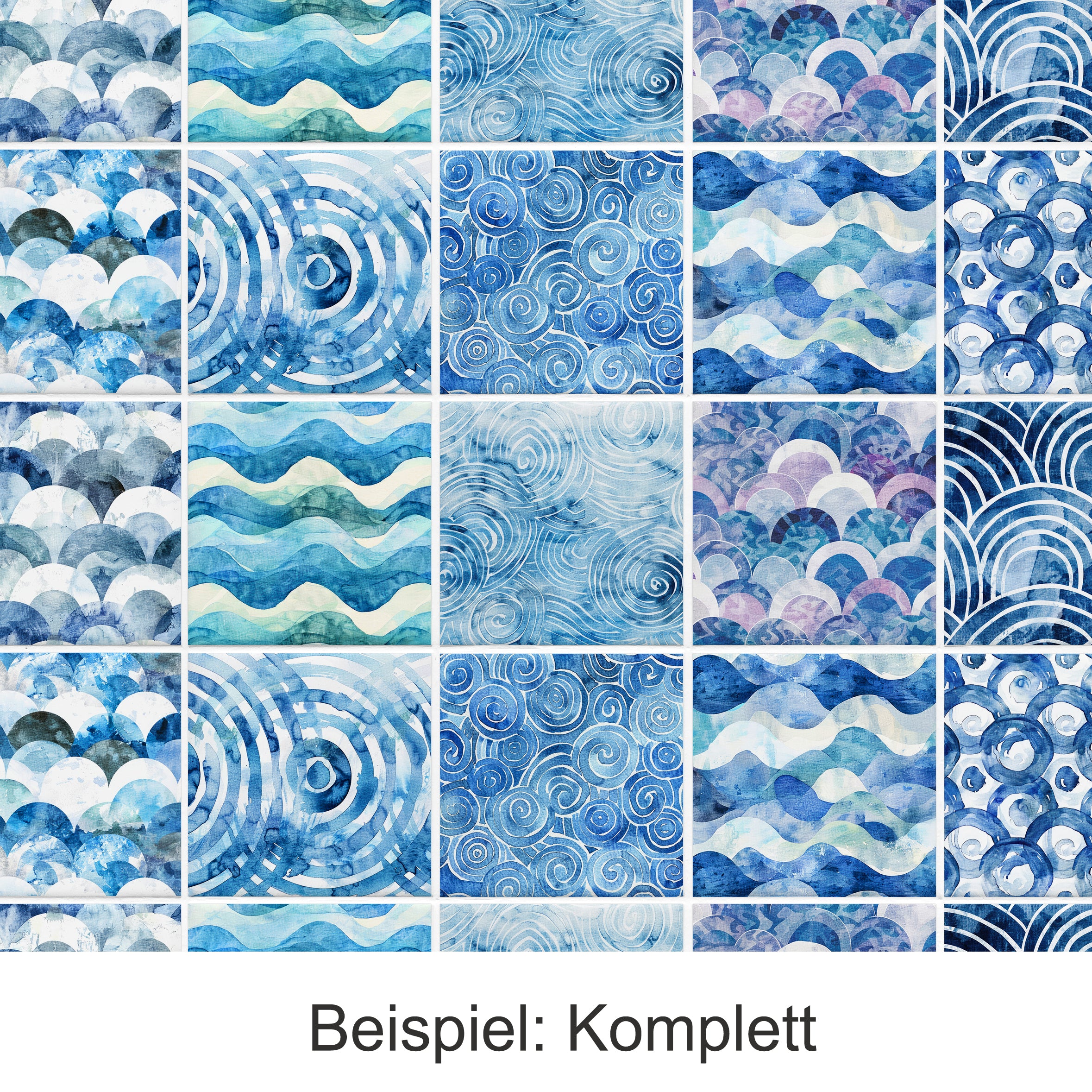 Muster in Blau mit Wellen und Kreisen.