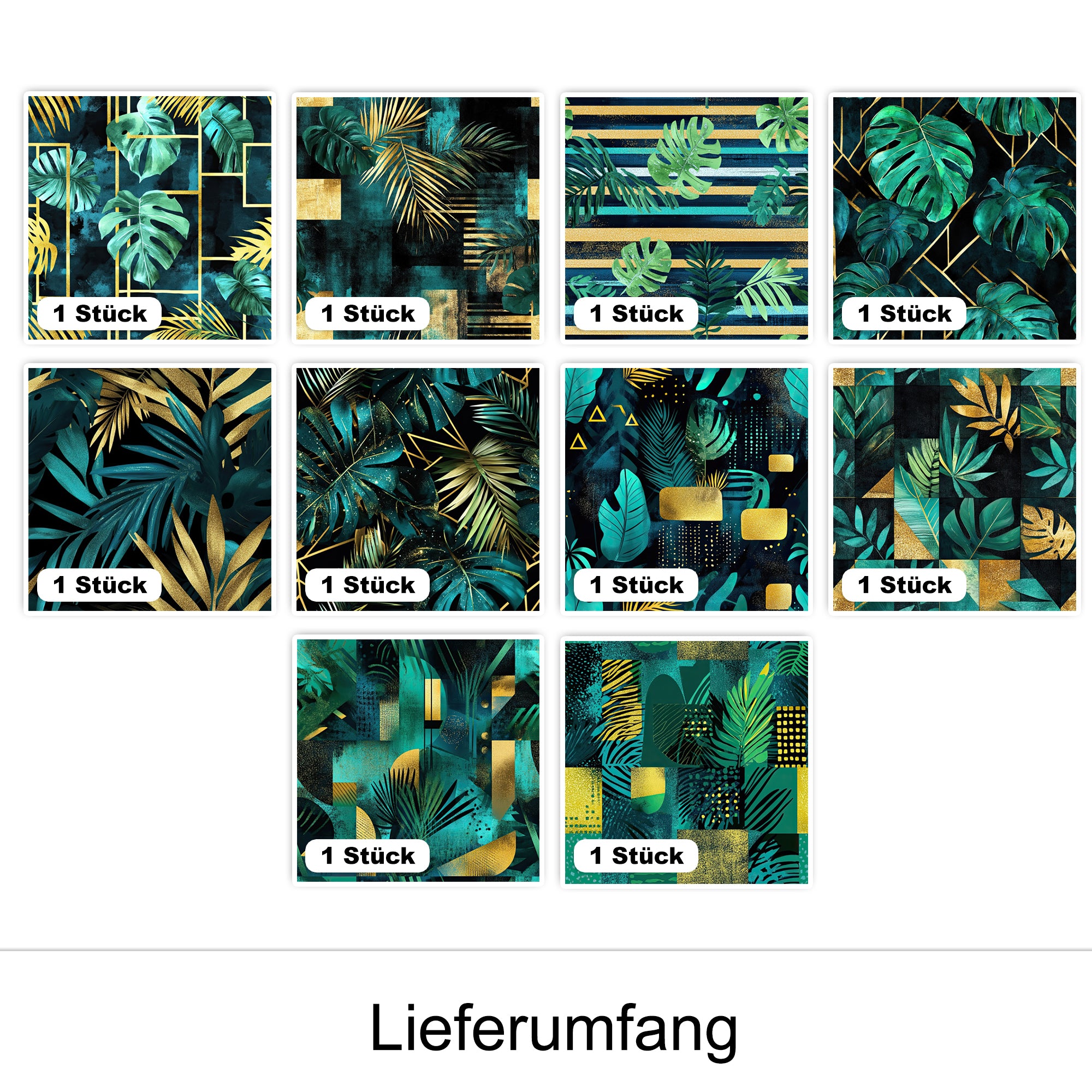 Tropische Muster in Grün und Gold, verschiedene Designs.