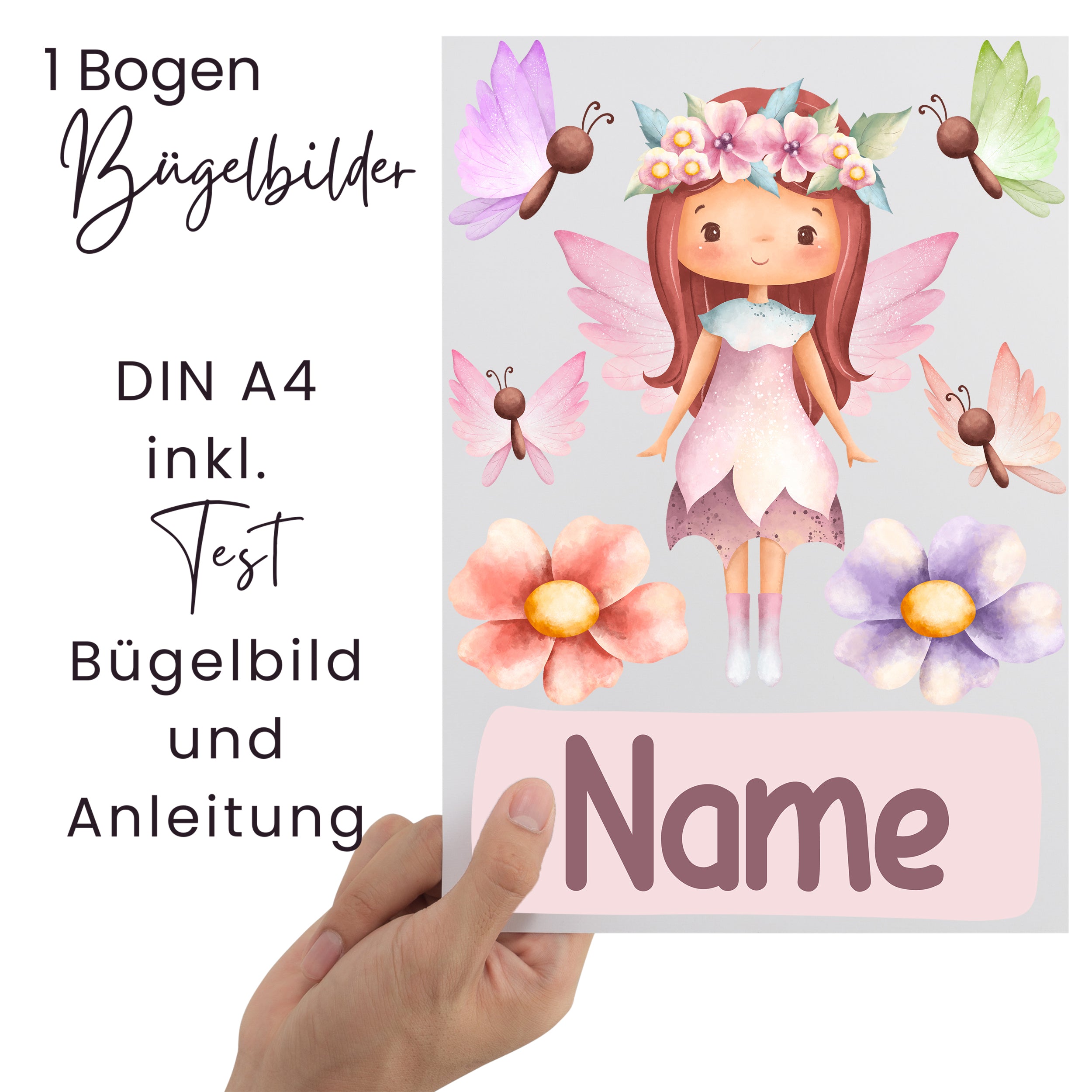 Bügelbilder A4 mit Feenmotiv, bunten Blumen und Anleitung.