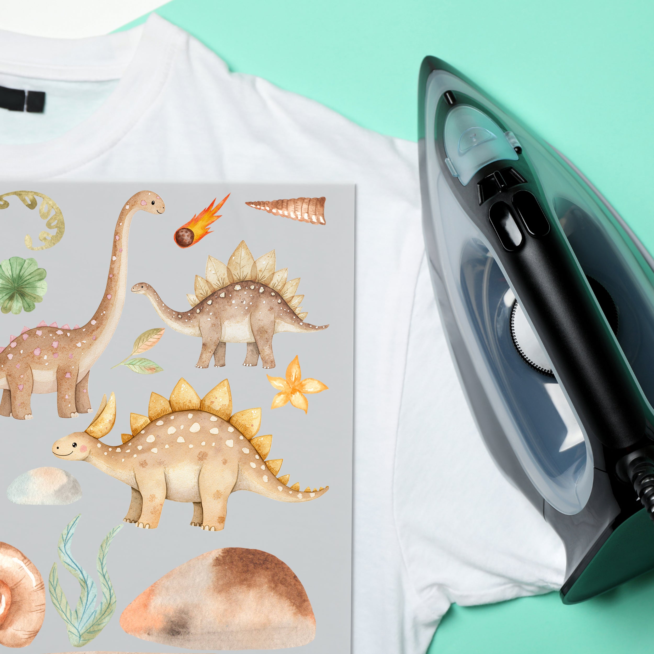 Wassertinten-Dinosaurier-Sticker auf grauem Hintergrund.