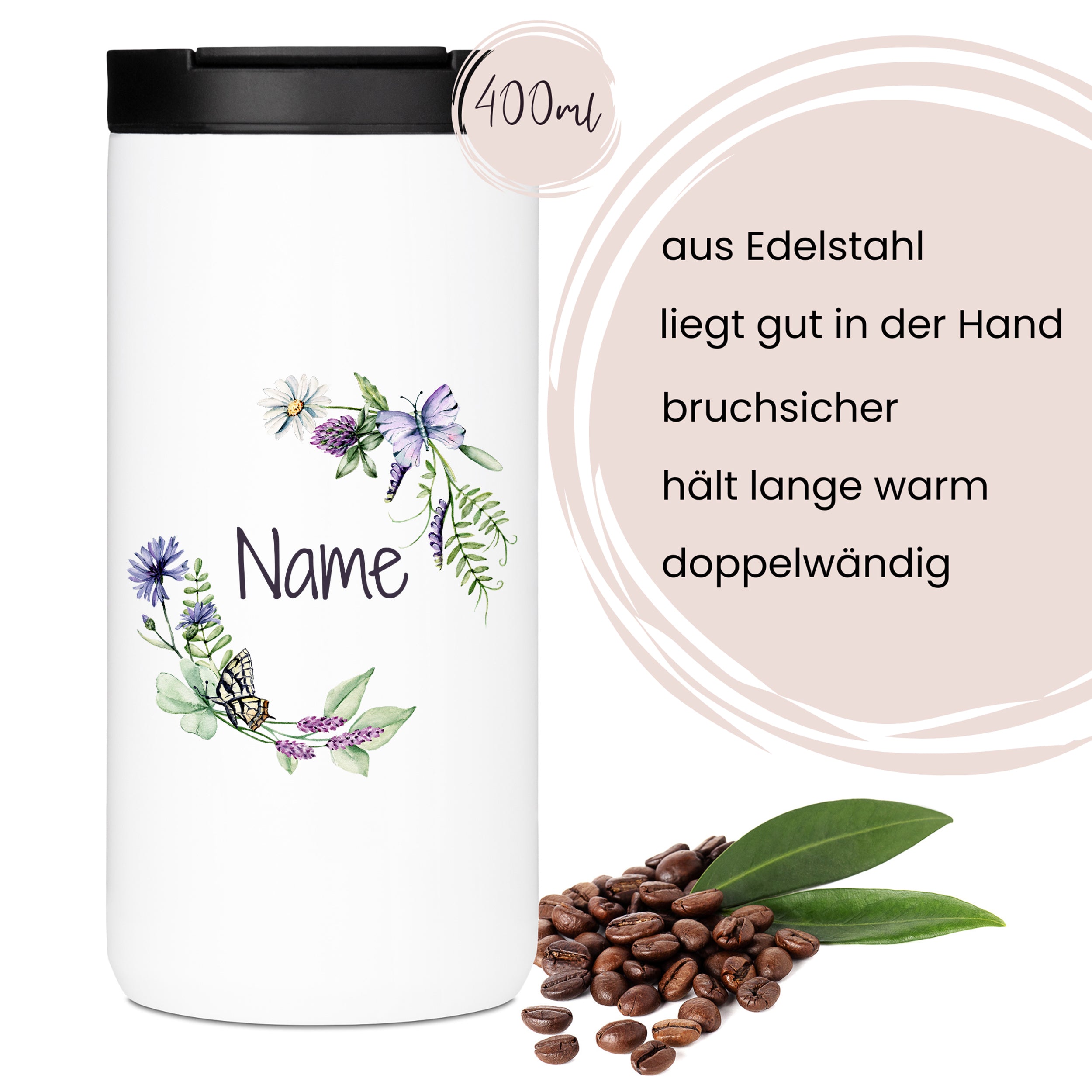 Kaffeebecher Thermo mit Blumenmotiv